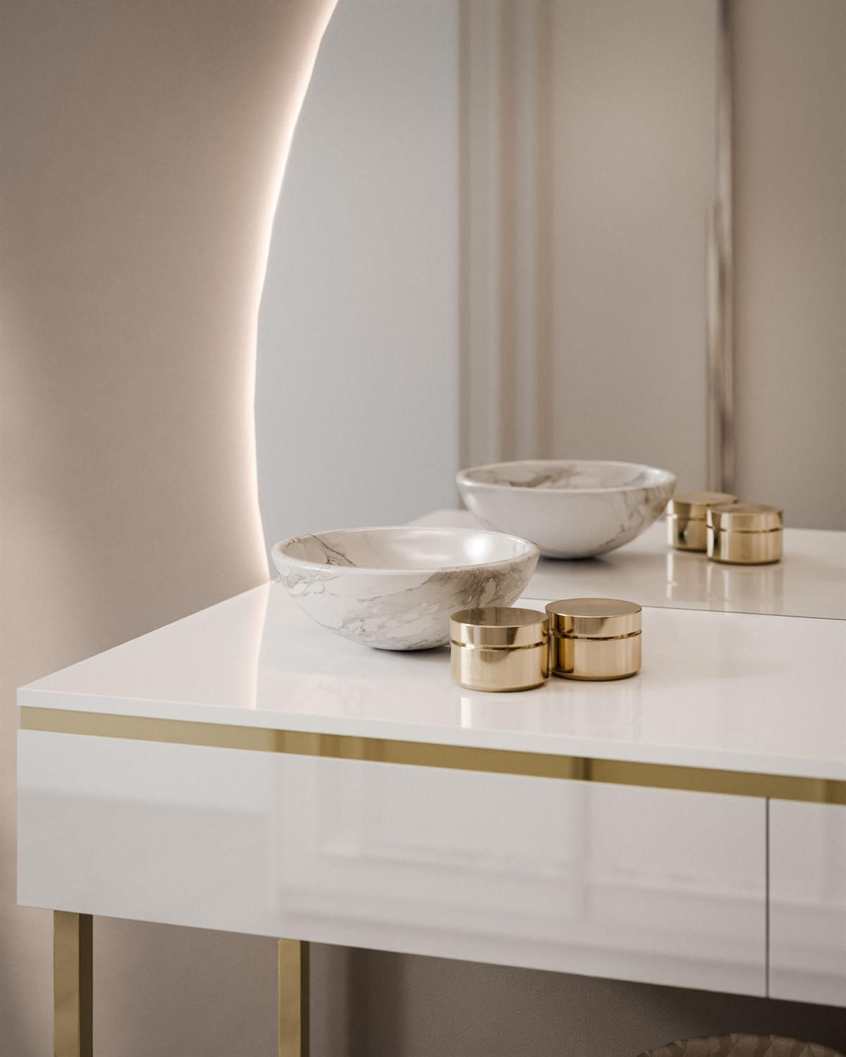SCHMINKTISCH AURORA-Q GOLD in weiß Hochglanz auf goldenem Gestell mit links Spiegel - Weiß Hochglanz/Goldfarben, Holzwerkstoff/Metall (102/174/44cm) - Lookway