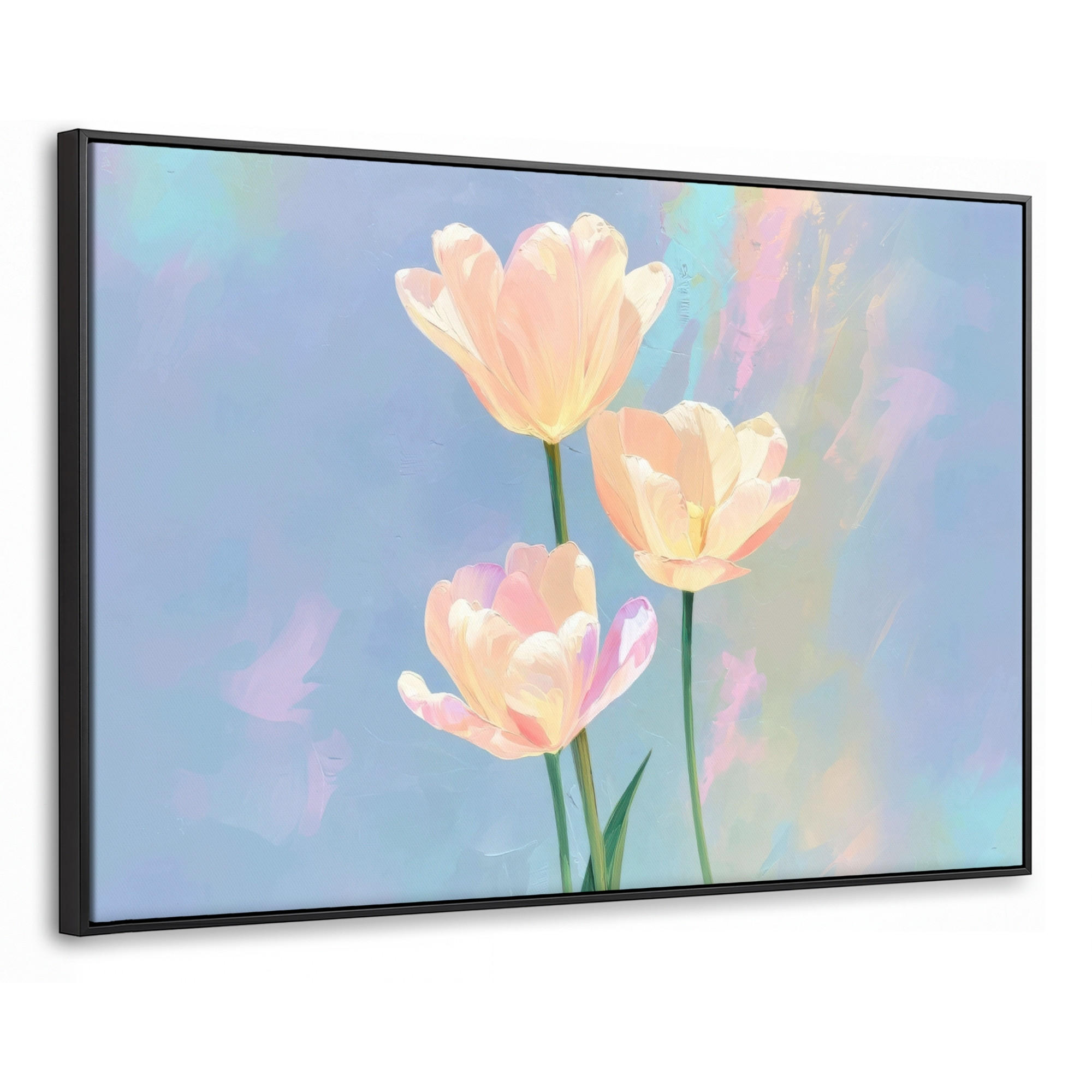 LEINWAND Bilder mit Rahmen - Tulpen - Rosa Akzente - Blau - 150x100 - Pastellblau, Textil (150/100cm) - MuchoWow