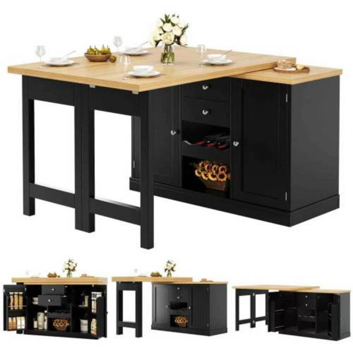 KÜCHENINSEL 120-197×40×74 cm aus MDF und Metall mit 360° drehbarer ausziehbarer Tischplatte, schwarz - Schwarz, Holzwerkstoff (197/74/40cm) - Luhomfu