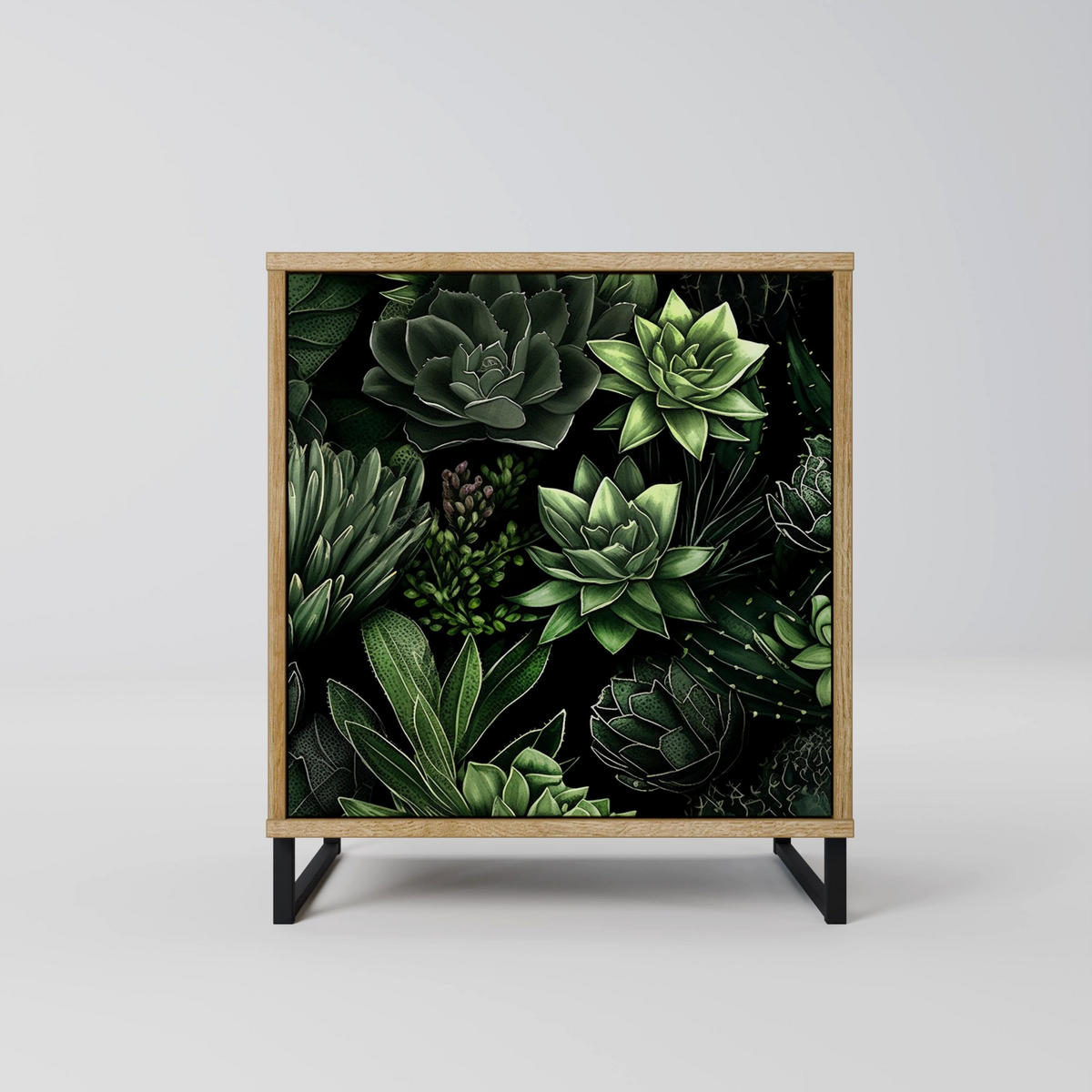 SIDEBOARD SUCCULENT JUNGLE, Eichefarben, 57,5x42x70,5 cm, Schwarze Metall-Sternfüße - Eichefarben/Multicolor, Holzwerkstoff/Metall (57.5/70.5/42cm) - SpaceRebels