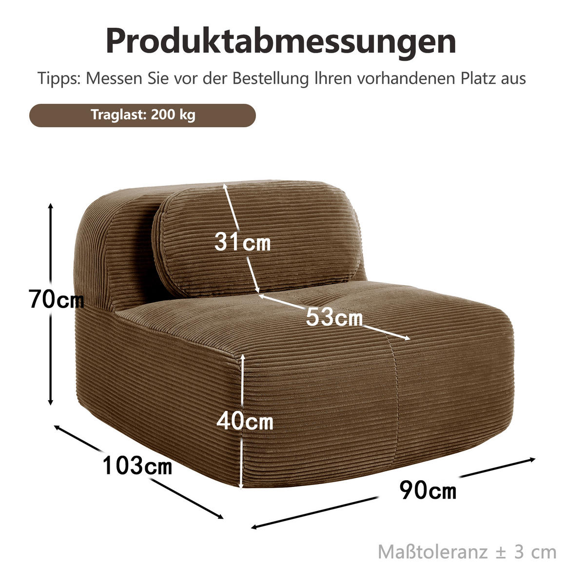 POHOVKA Hnědá modulární bez područek z manšestru - hnědá, textil (90/75/103cm) - Urban Meuble