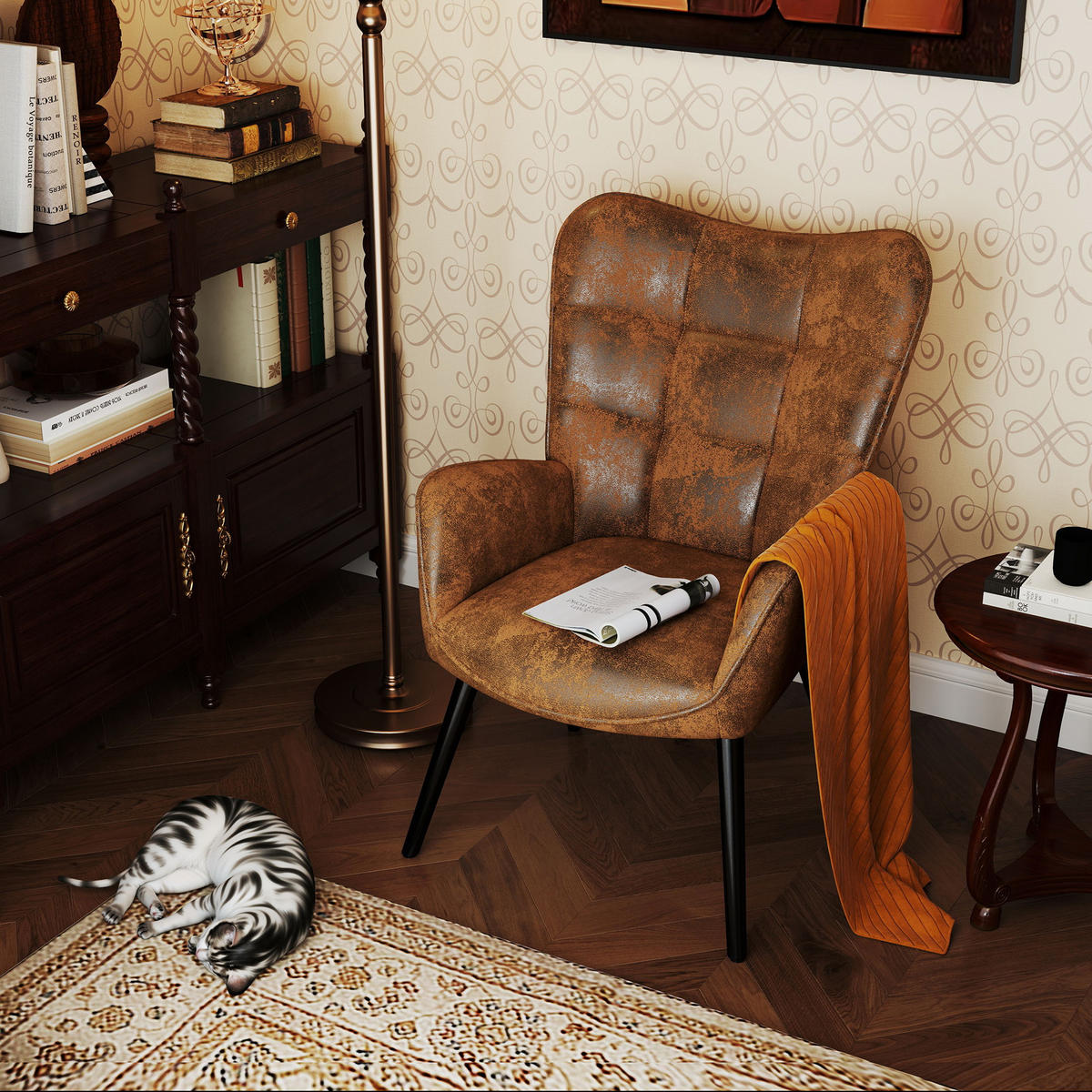 OHRENSESSEL in Schlingenstoff, Brown - Schwarz/Braun, Leder/Textil (42/90.5/50cm) - Meubles Cosy