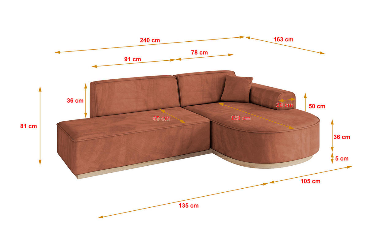 ECKSOFA Ottomane Rechts ARRIO-L1 - 243x171x83 cm Apricot - Koralle, Holzwerkstoff/Textil (243/171cm) - ALTDECOR