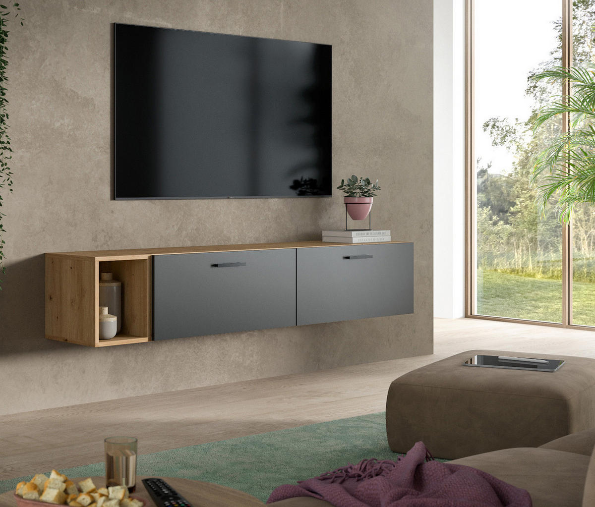 TV-LOWBOARD grau, Eiche Artisan 176 cm, TV Unterteil hängend / stehend - Schwarz/Eiche Artisan, Holzwerkstoff/Kunststoff (176/32/34cm) - Inn.Furn