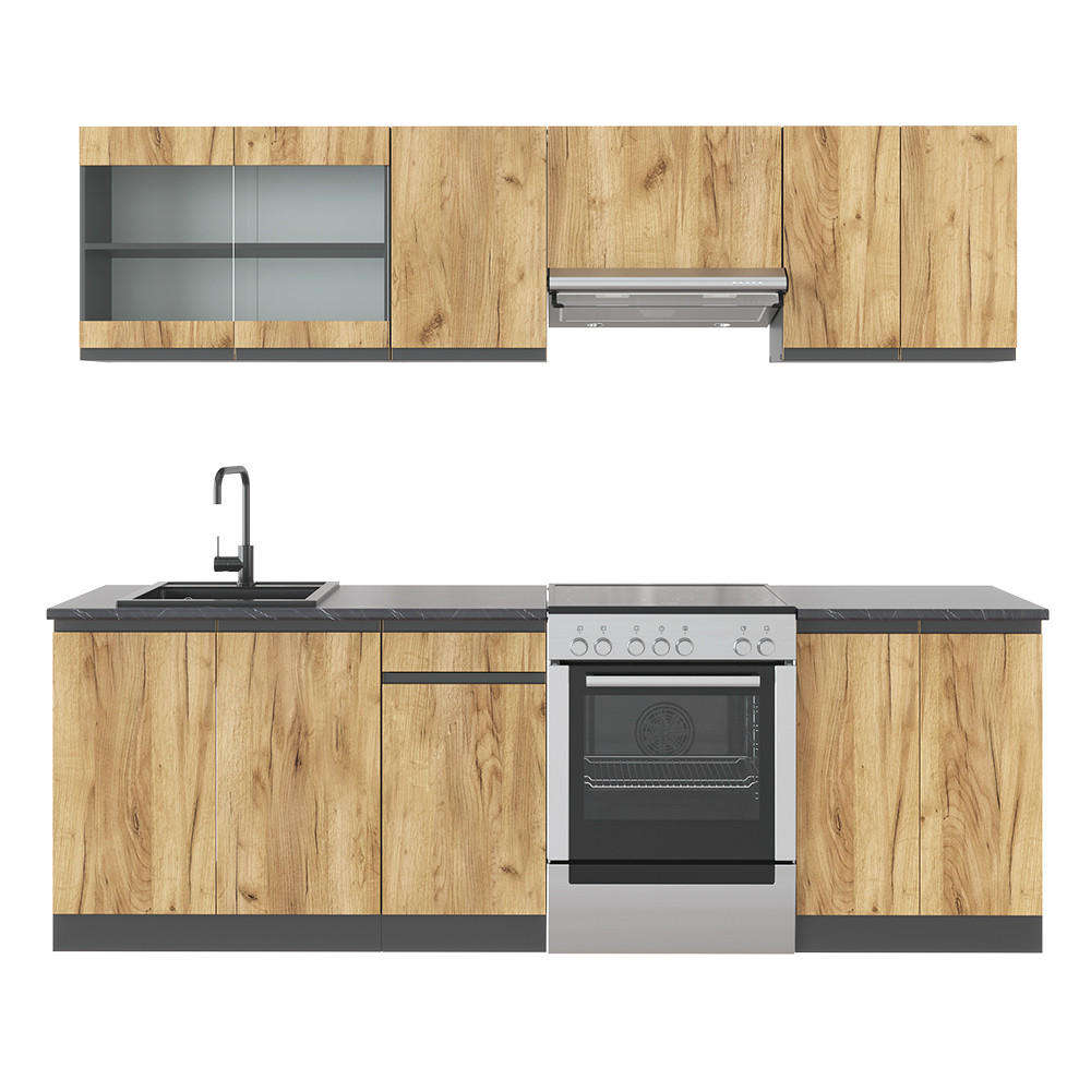 KÜCHENZEILE Raul Goldkraft Eiche/Anthrazit 240 cm - Honigeiche/Anthrazit, Holzwerkstoff (240/81.6/46cm) - Vicco