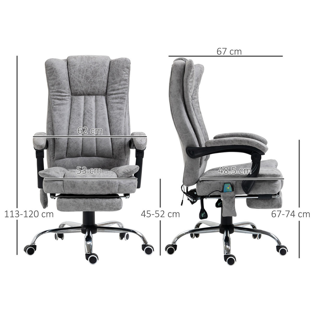 CHEFSESSEL DE-11647 mit Massage & Heizung Grau - Grau, Metall (67/120/62cm) - ComfortXL