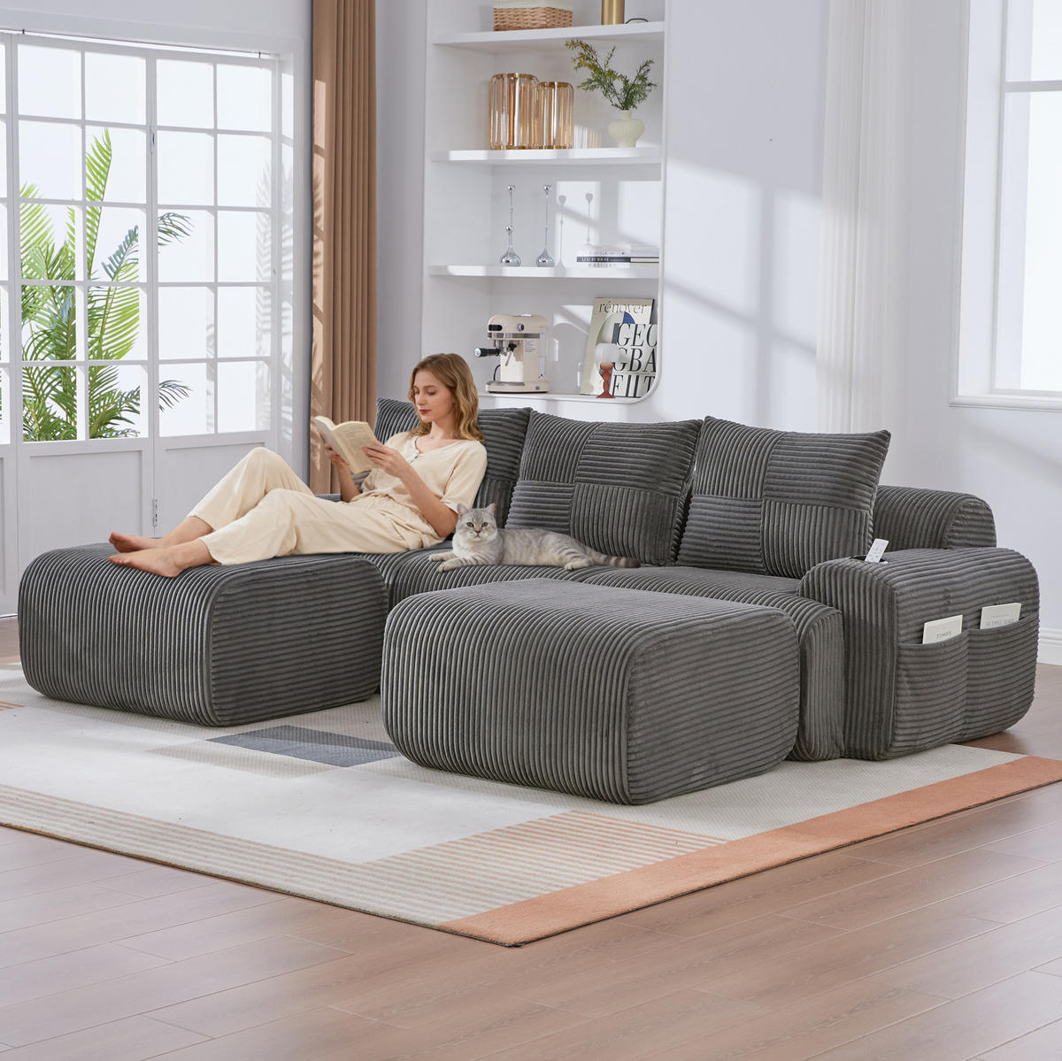 SOFA modular 268 x 174 cm Corduroy Dark Gray - Dunkelgrau, Kunststoff (174/80/268cm) - Meubliv