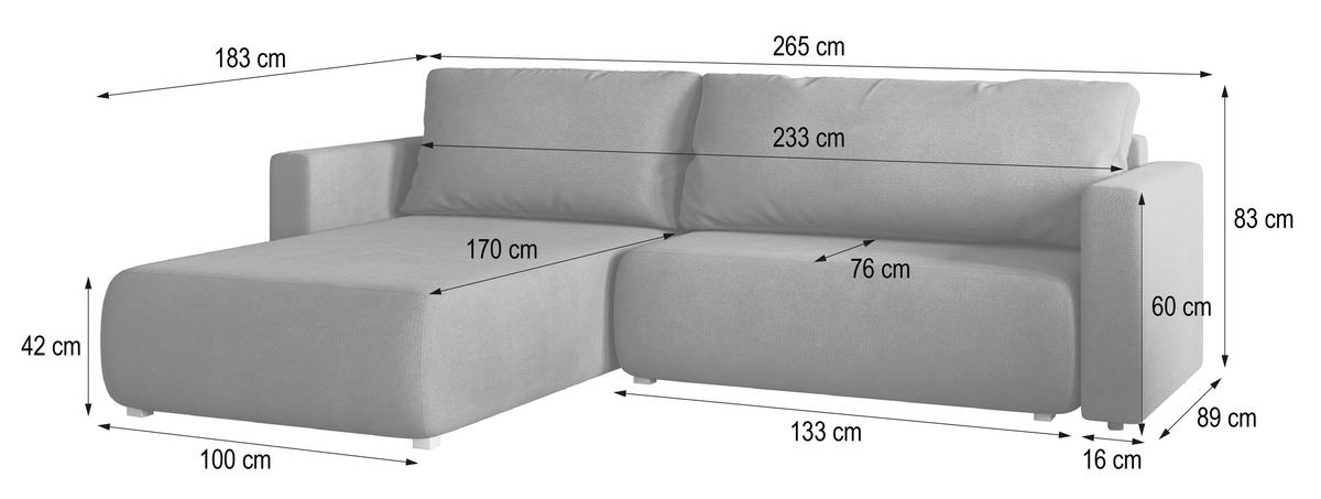 ECKSOFA TURIN Schwarz Geflochtener Stoff mit Schlaffunktion - Schwarz, Holz (265/183cm) - MASSENO