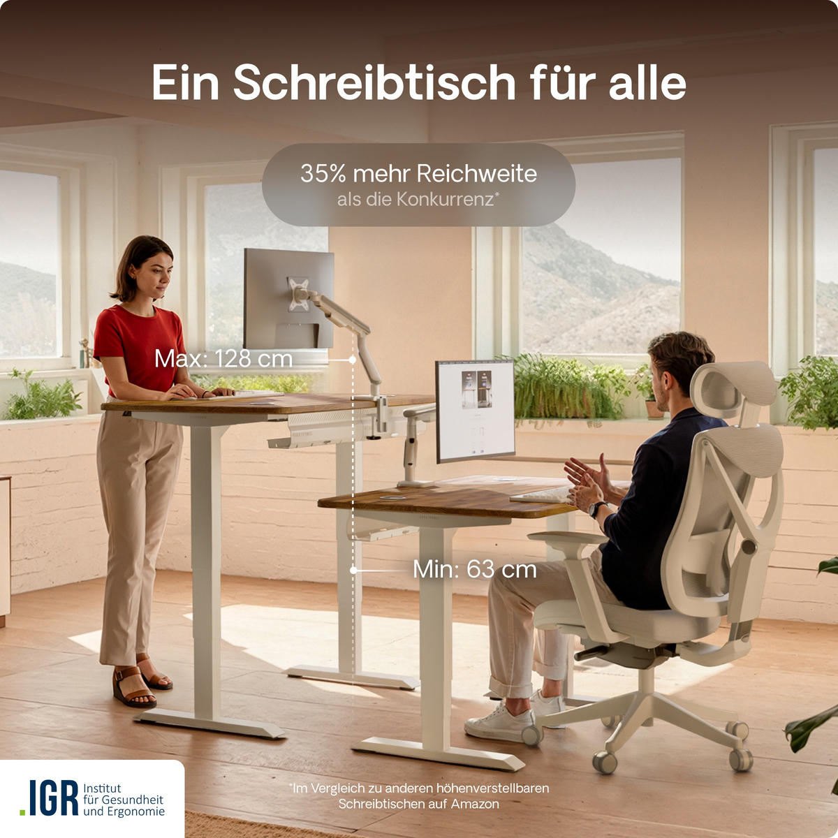 SCHREIBTISCH Elektrisch Höhenverstellbarer HomePro 120x60cm Weiß/Massive Walnuss mit Memory-Funktion, Anti-Kollisions Technologie - Walnussfarben/Weiß, Holz (60/120/63.5cm) - Desktronic
