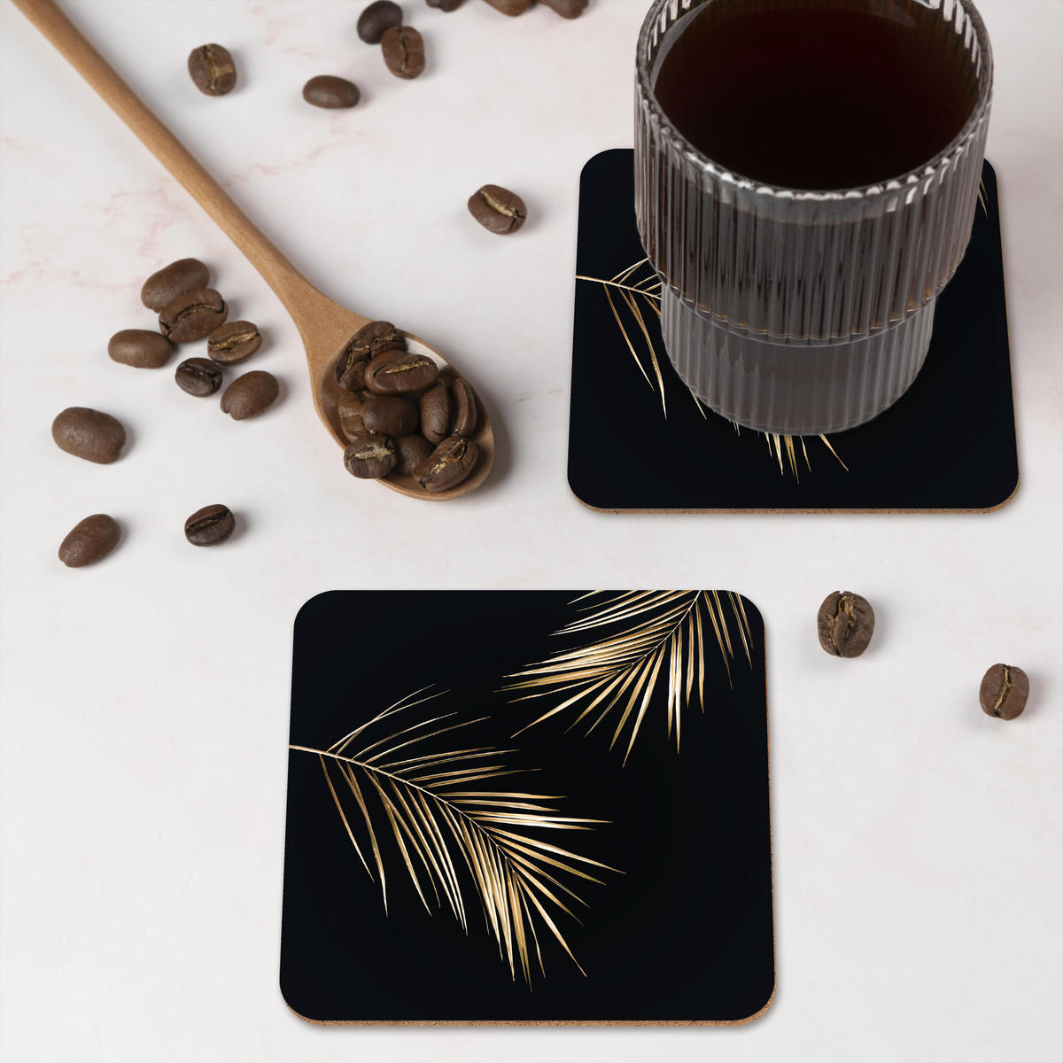 GLASUNTERSETZER 6er-Set Blätter - Pflanzen - Gold - Schwarz - Luxus 10x10 cm - Schwarz, Naturmaterialien (10/0.2cm) - MuchoWow