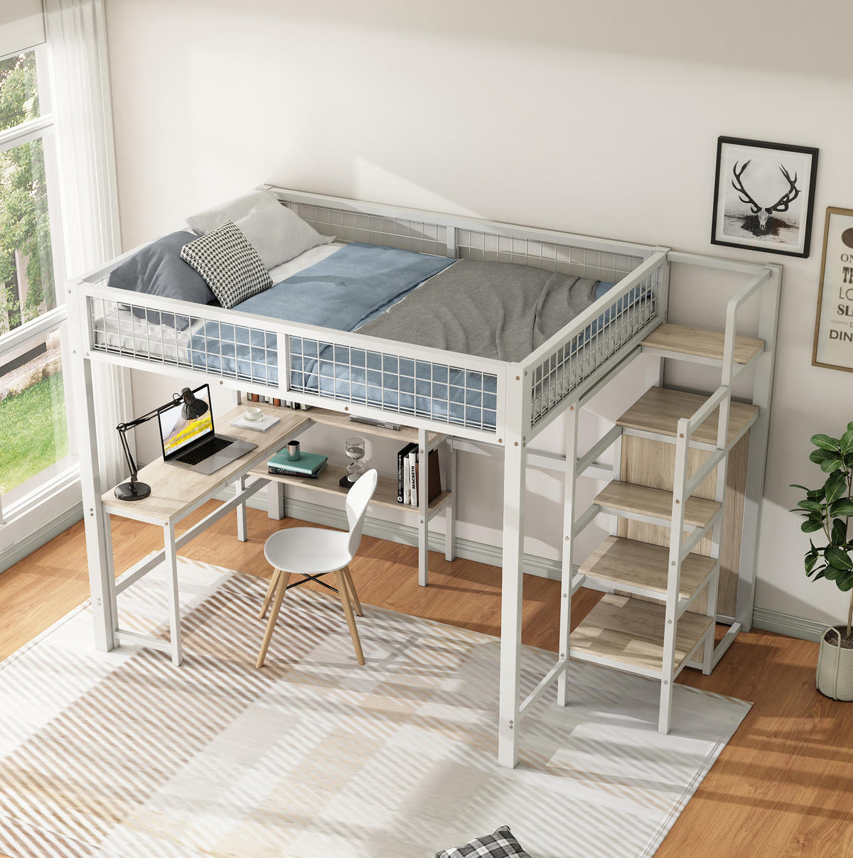 HOCHBETT 140/200 cm Weiß Metall mit Schreibtisch und Regalen mit Matratze - Weiß, Metall (140/200cm) - OKWISH