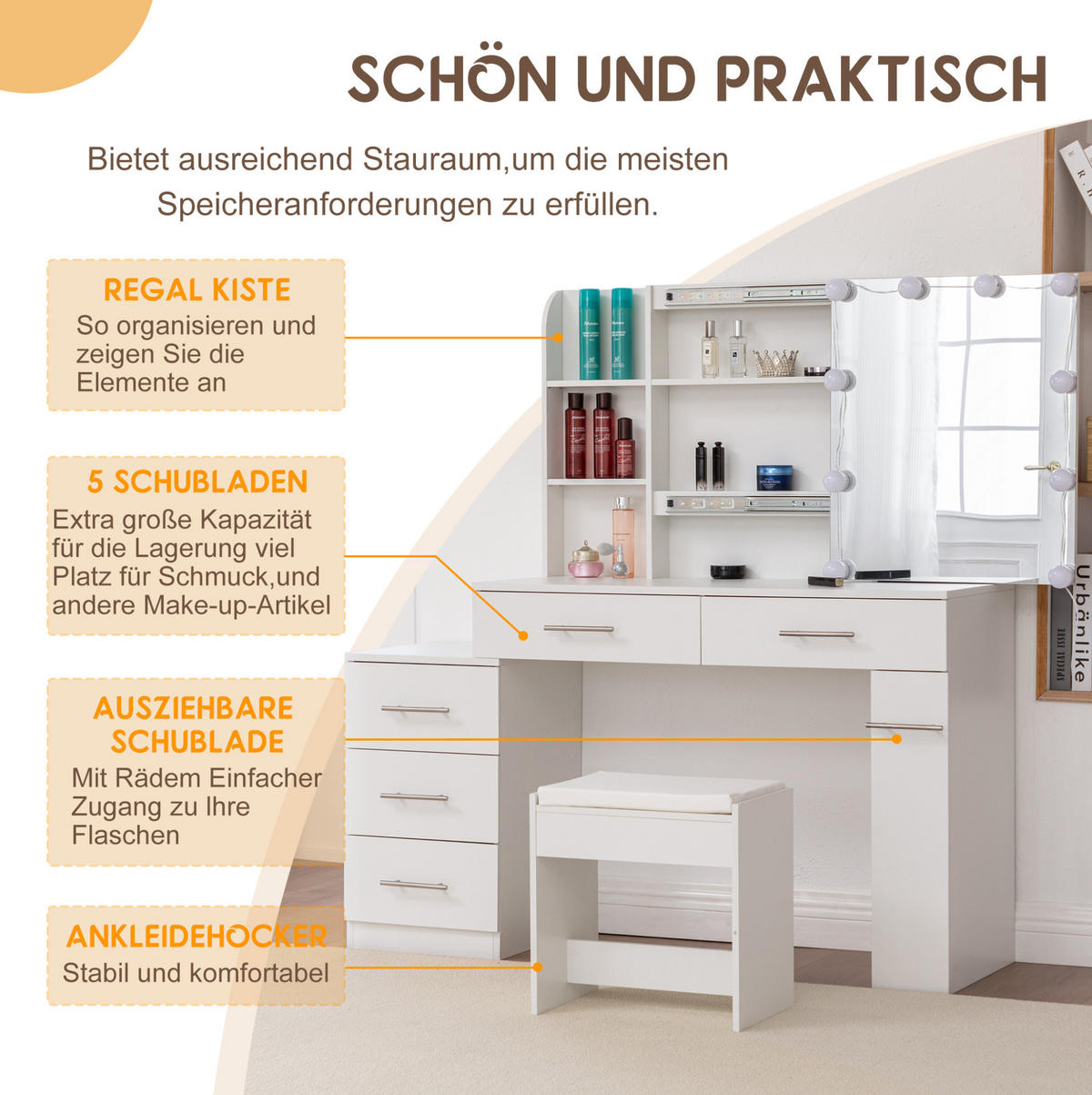 SCHMINKTISCH aus MDF 100x40x136 cm Weiß mit Schiebespiegel, verstecktem Stauraum, LED-Beleuchtung, Kommode, Eckregalen und Hocker - Weiß, Holzwerkstoff (100/136/40.5cm) - Modfu