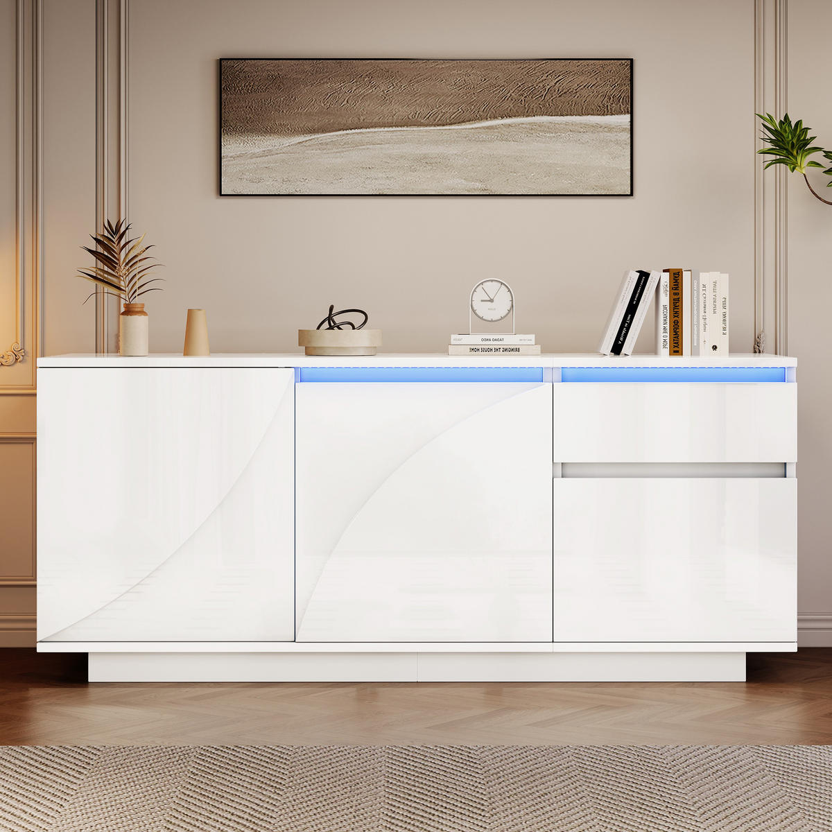 SIDEBOARD in Weiß Hochglanz-Seitenschrank mit 3 Schränken und LED-Licht für Wohnzimmer, B140/T40/H60cm - Weiß, Holzwerkstoff (140/60/40cm) - STILVORA