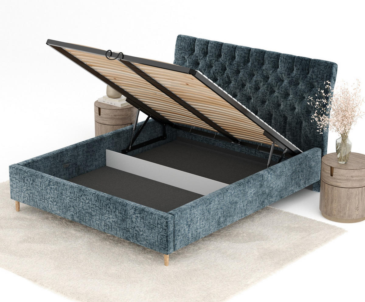 POLSTERBETT Vezzola Blau 160/200 cm im Chenille-Stoff - Blau/Naturfarben, Holz/Holzwerkstoff (160/200cm) - Maison de Reve
