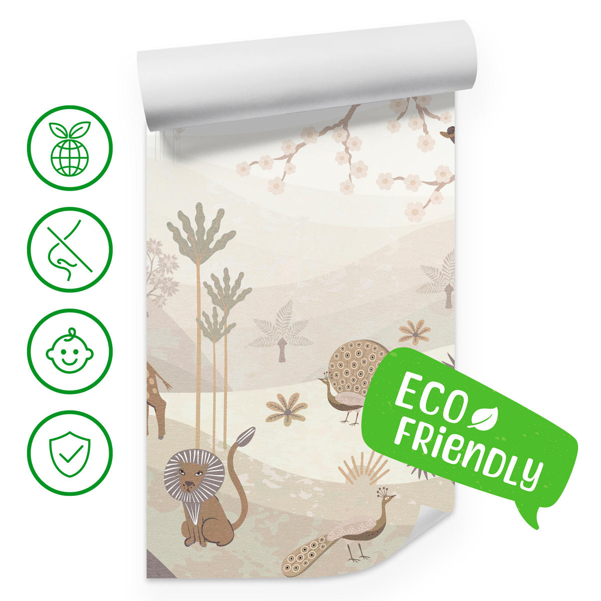 FOTOTAPETE für Kinderzimmer Safari Wilde Tiere Dschungel Boho Palmen Giraffe 500x350 - Beige/Creme, Papier (500/350cm) - Muralo