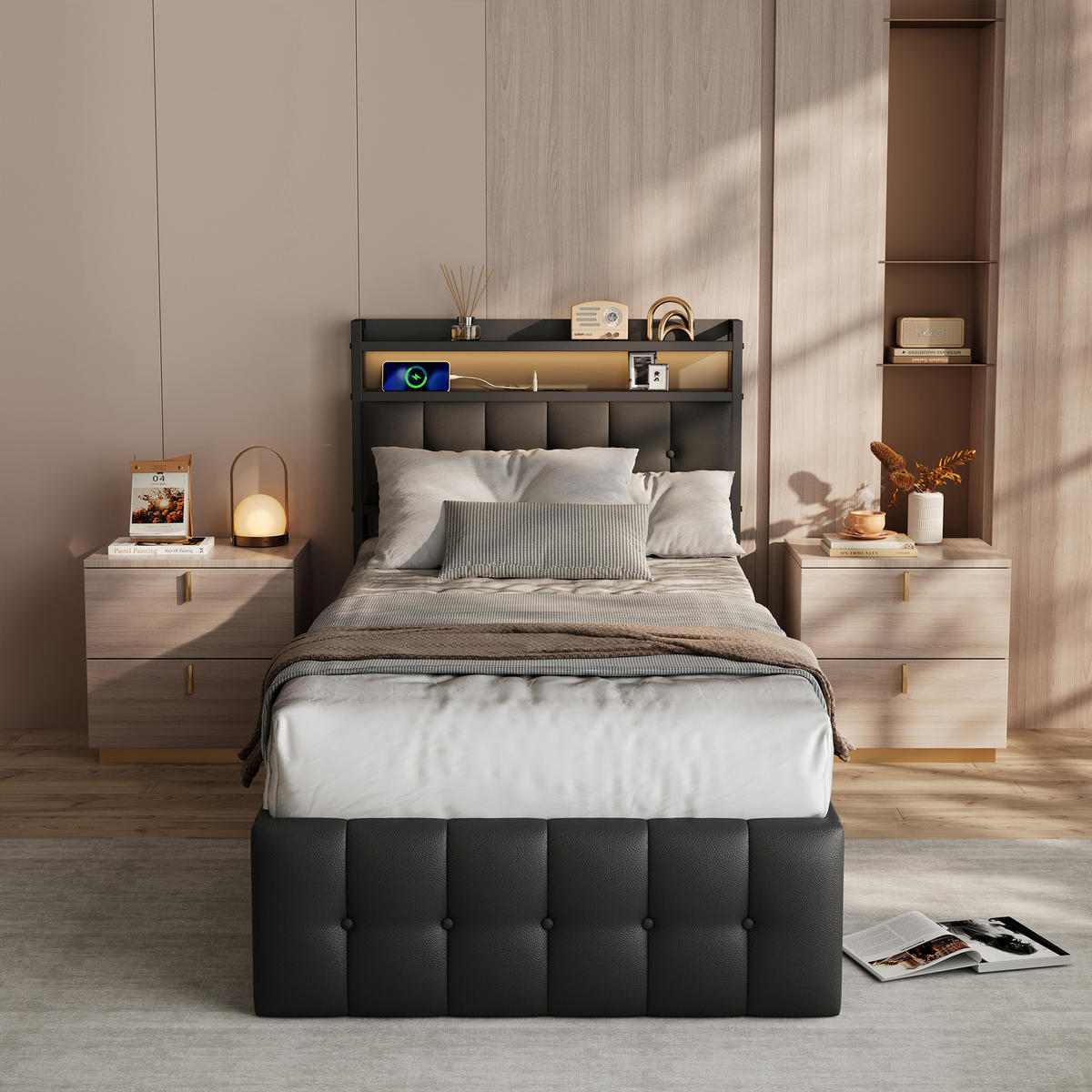 POLSTERBETT 90x200 cm mit stauraum, einzelbett mit bettkasten, USB und LED, lattenrost, schwarz - Schwarz, Leder/Holz (90/200cm) - GENKI LIVING