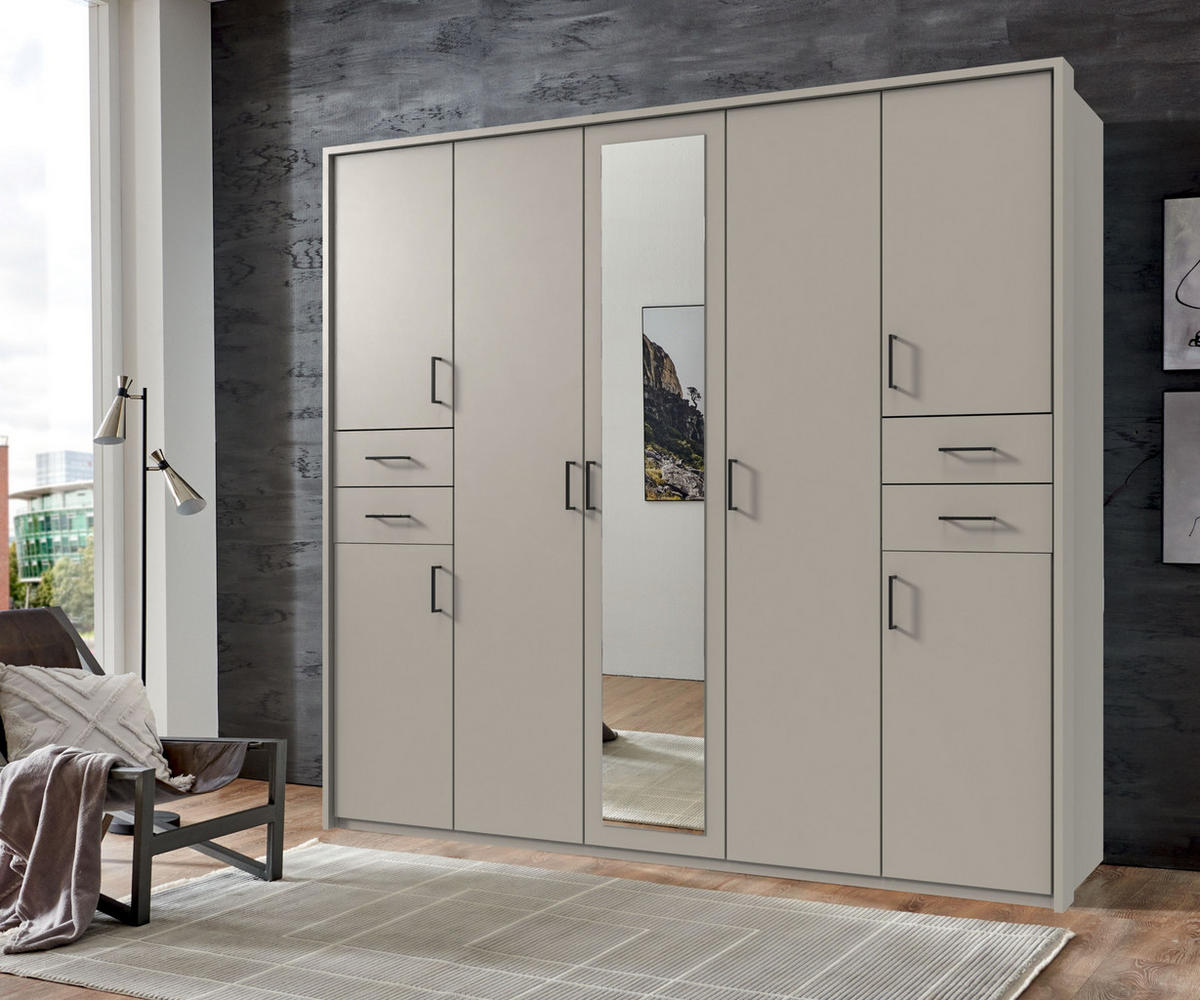 DREHTÜRENSCHRANK Kleiderschrank B228/H210/T58 cm mit Schubkästen & Passepartout & 1 Spiegeltür, Beige Grau, Griffe schwarz / 22574 - Greige/Beige, Holzwerkstoff/Kunststoff (228/210/58cm) - luma-home