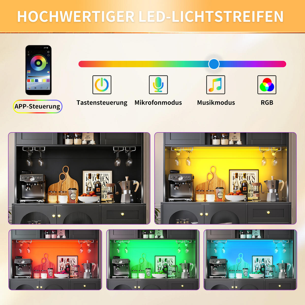 HIGHBOARD in Schwarz mit LED-Lichtleiste und Schubladen für Küche und Wohnzimmer, B120/T40/H188 cm - Schwarz, Glas/Holzwerkstoff (120/188/40cm) - STILVORA