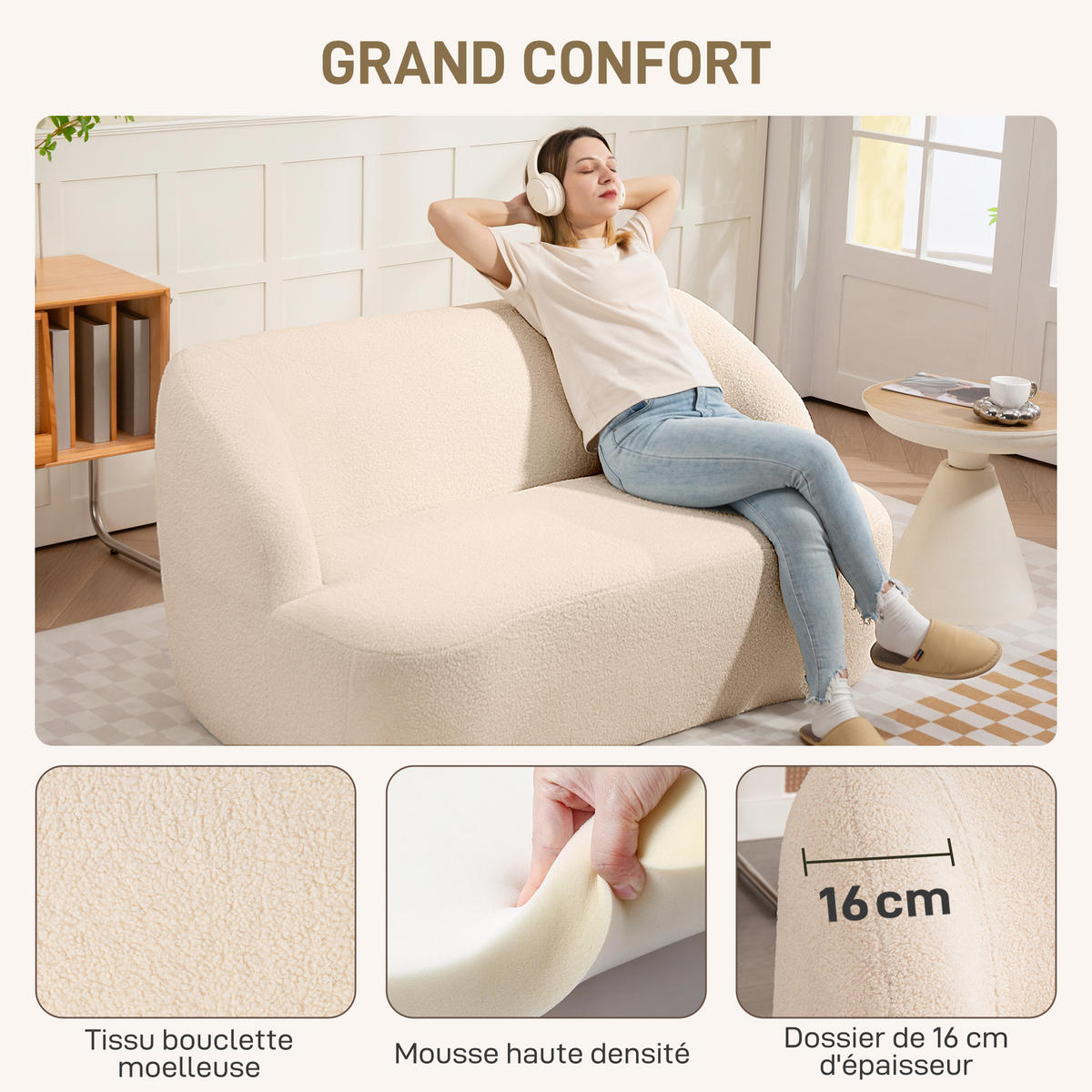 SOFA, 2-Sitzer, Bouclé-Stoff, 142cm, geschwungene Rückenlehne, beige - Multicolor, Holzwerkstoff (142/73.5/85cm) - FORIOUS