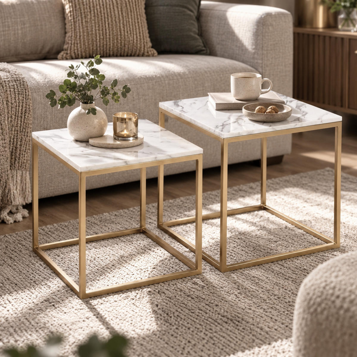 COUCHTISCH 2er-Set quadratisch Gold, Weiß - Weiß, Metall (50/50/50.5cm) - SCENA LIVING