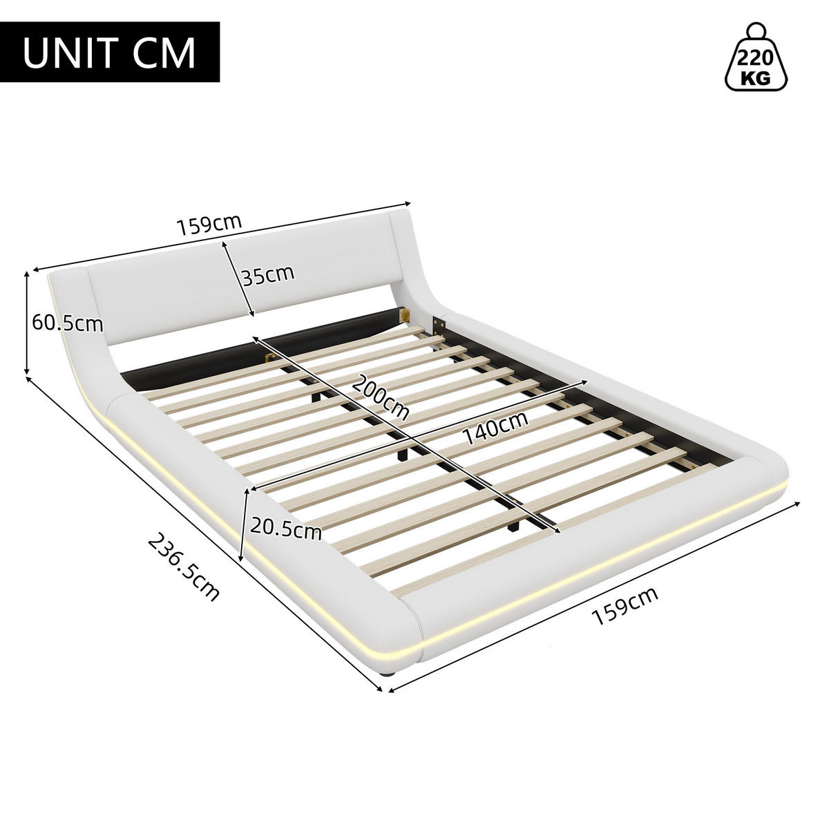 BETT 140/200 cm in Weiß – aus PU mit LED-Beleuchtung, inkl. Lattenrost - Weiß, Leder (140/200cm) - BEAOK