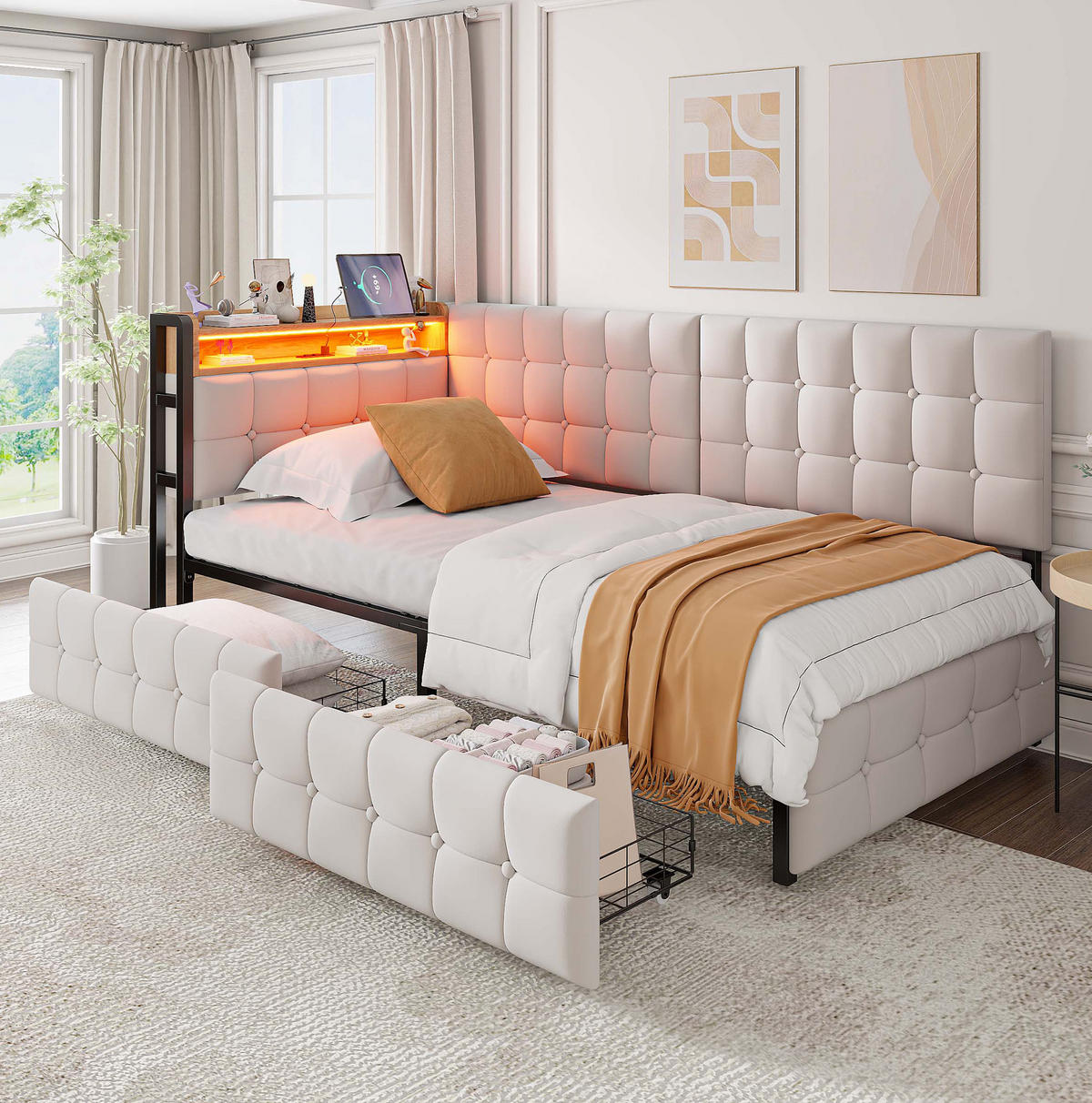 SCHLAFSOFA 90/200 cm mit LED-Beleuchtung, USB- und Typ-C-Anschluss sowie 2 Schubladen, Beige - Beige, Textil (99/83.5/208.5cm) - Redom