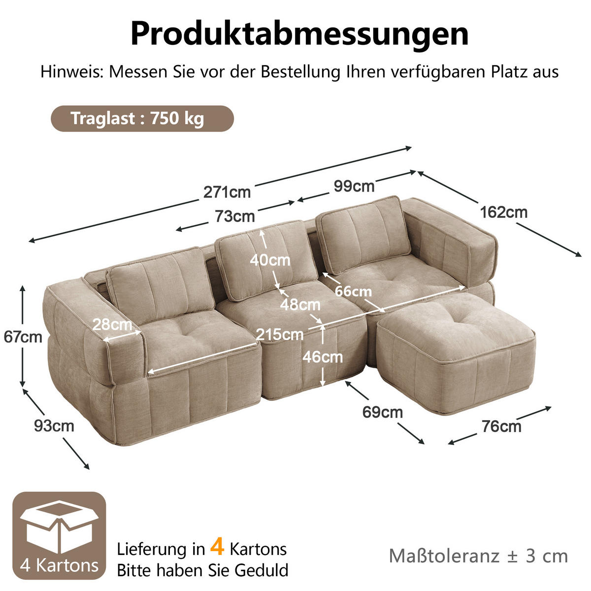 ECKSOFA 271/162/67 cm Sand mit 1 Fußhocker - Sandfarben, Textil (271/162cm) - Oxeza