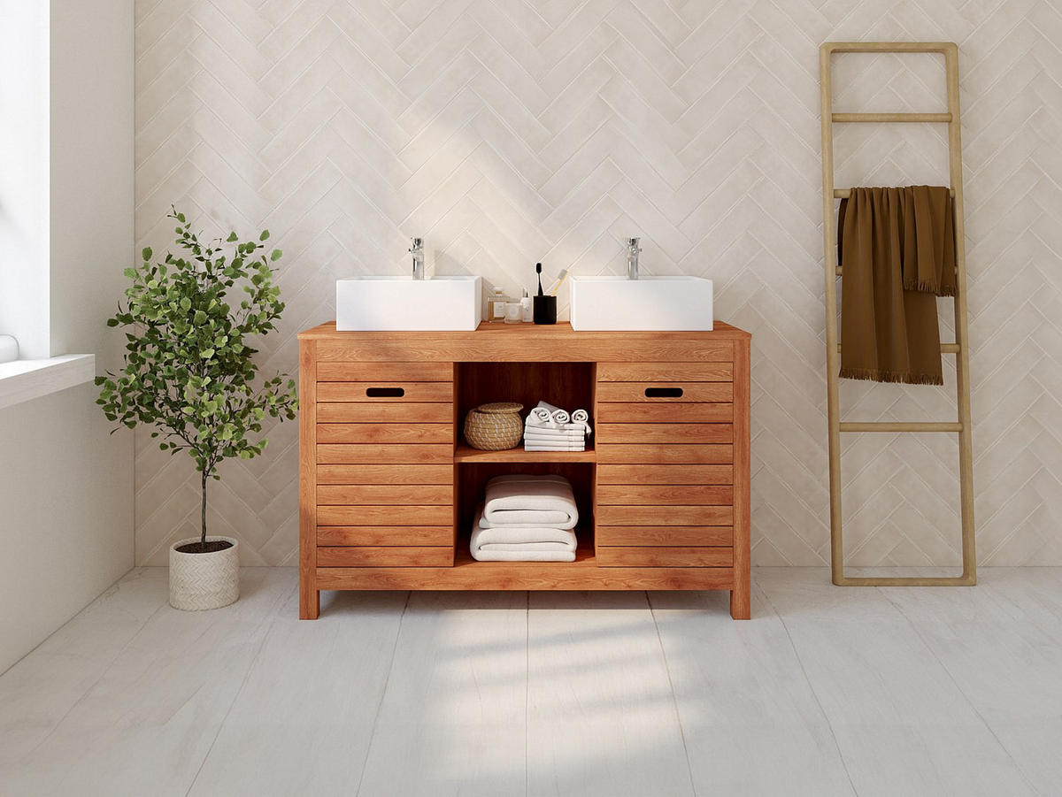 DOPPELWASCHTISCH - 130 cm x 50 cm - holz - naturfarben dunkel Pulukan - Weiß, Holz (130/83/50cm) - Vente-Unique