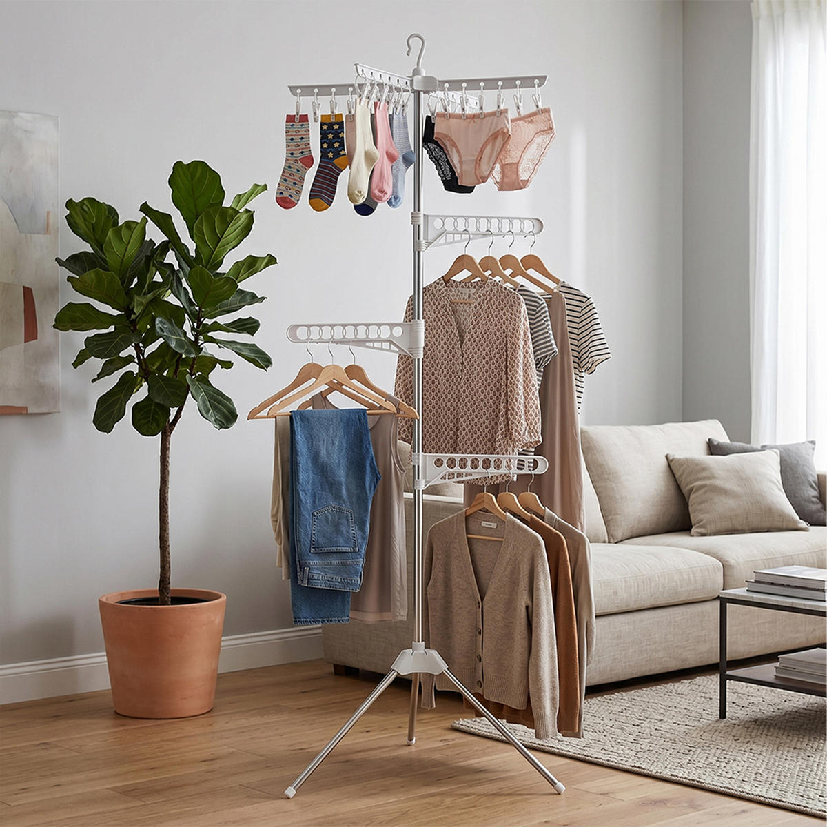 SUŠIAK Biela strieborná skladací na 27 vešiakov - viacfarebná, kov/plast (59/170/59cm) - Relaxdays
