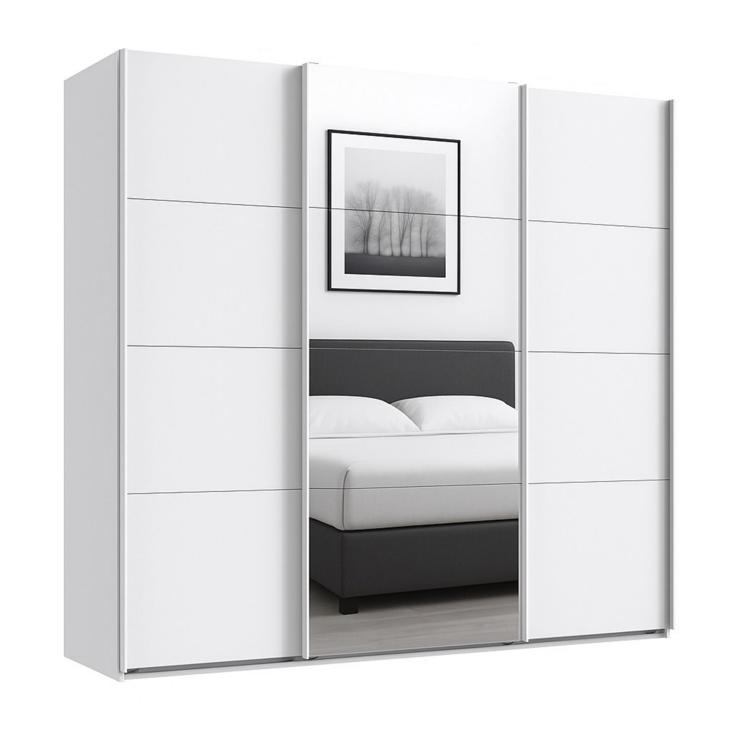 SCHWEBETÜRENSCHRANK 3-türig in Weiß, eine Tür mit Spiegel, B225/H208/T64 cm / 22518 - Weiß, Holzwerkstoff/Metall (225/208/64cm) - luma-home