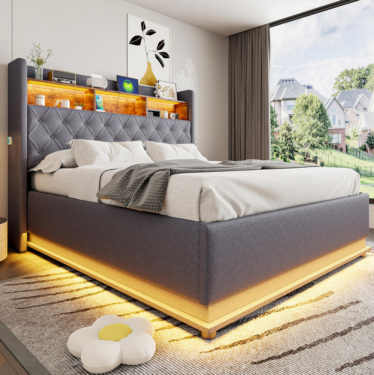 ČALÚNENÁ posteľ 160/200 cm sivá s LED osvetlením USB a hydraulickým úložným priestorom z ľanovej látky - sivá, textil (160/200cm) - OKWISH