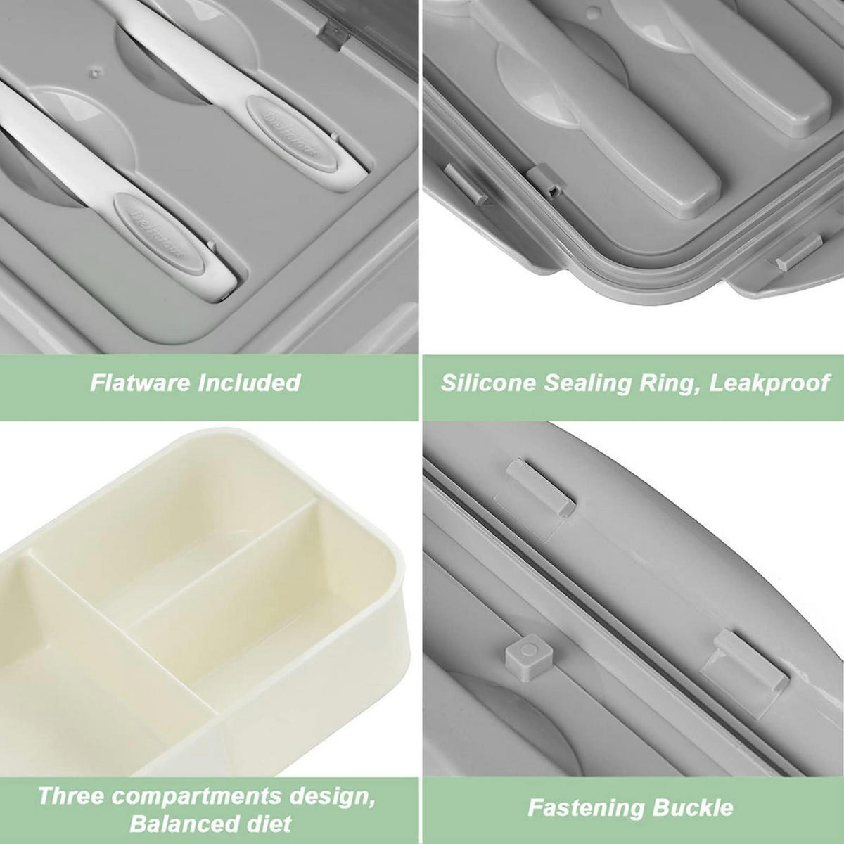 BENTO Box mit 3 Fächern und Besteck Grau - Grau, Kunststoff (13.2/7.1/19.8cm)