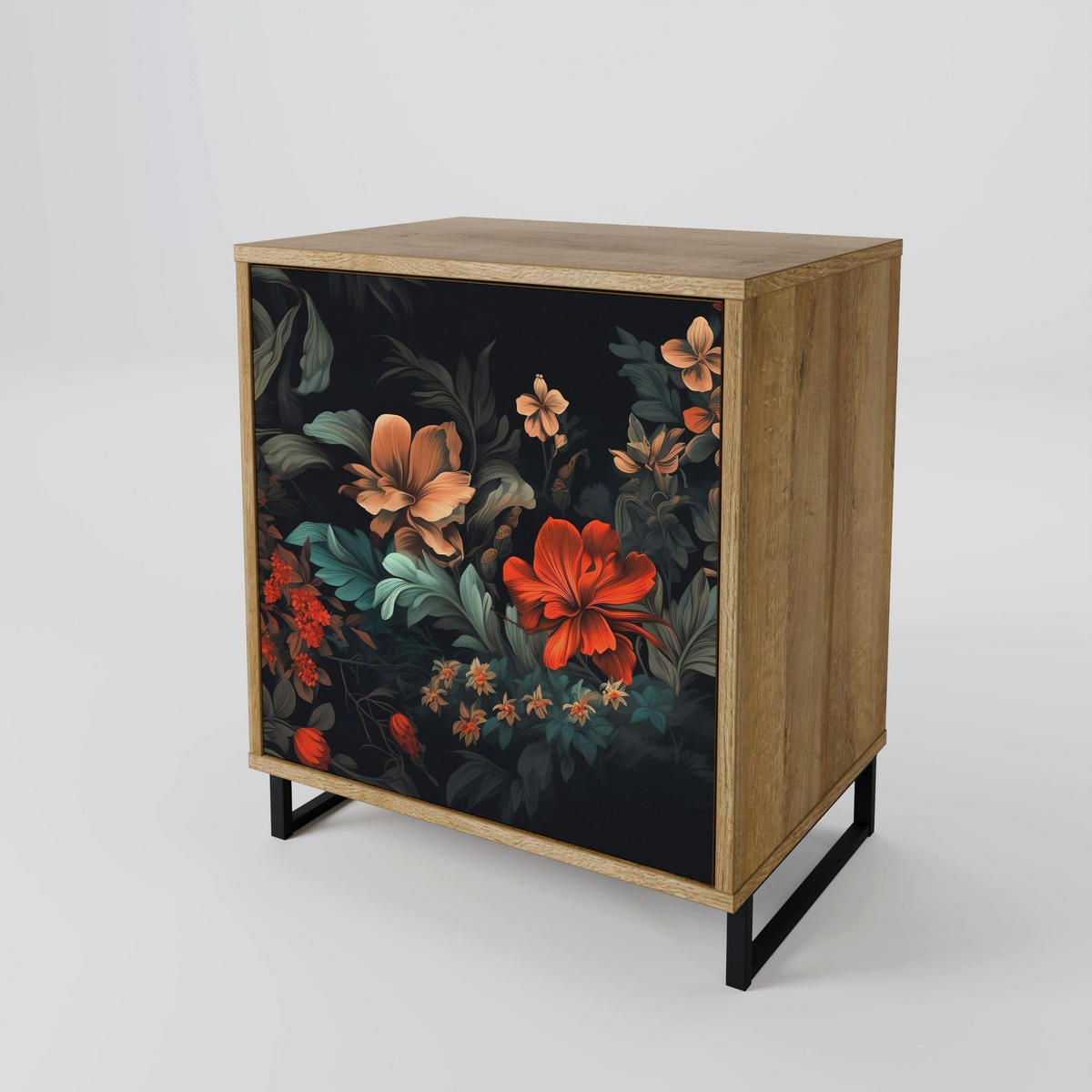 SIDEBOARD IMAGINARY BLOSSOM, Eichefarben, 57,5x42x70,5 cm, Schwarze Metall-Sternfüße - Eichefarben/Multicolor, Holzwerkstoff/Metall (57.5/70.5/42cm) - SpaceRebels
