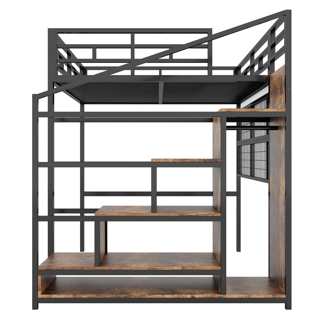 HOCHBETT 140/200 cm mit Stauraumleiter, Kleiderschrank, Hängegitter und 7-Farben-LED, Metall, Schwarz - Schwarz, Metall (140/200cm) - Redom
