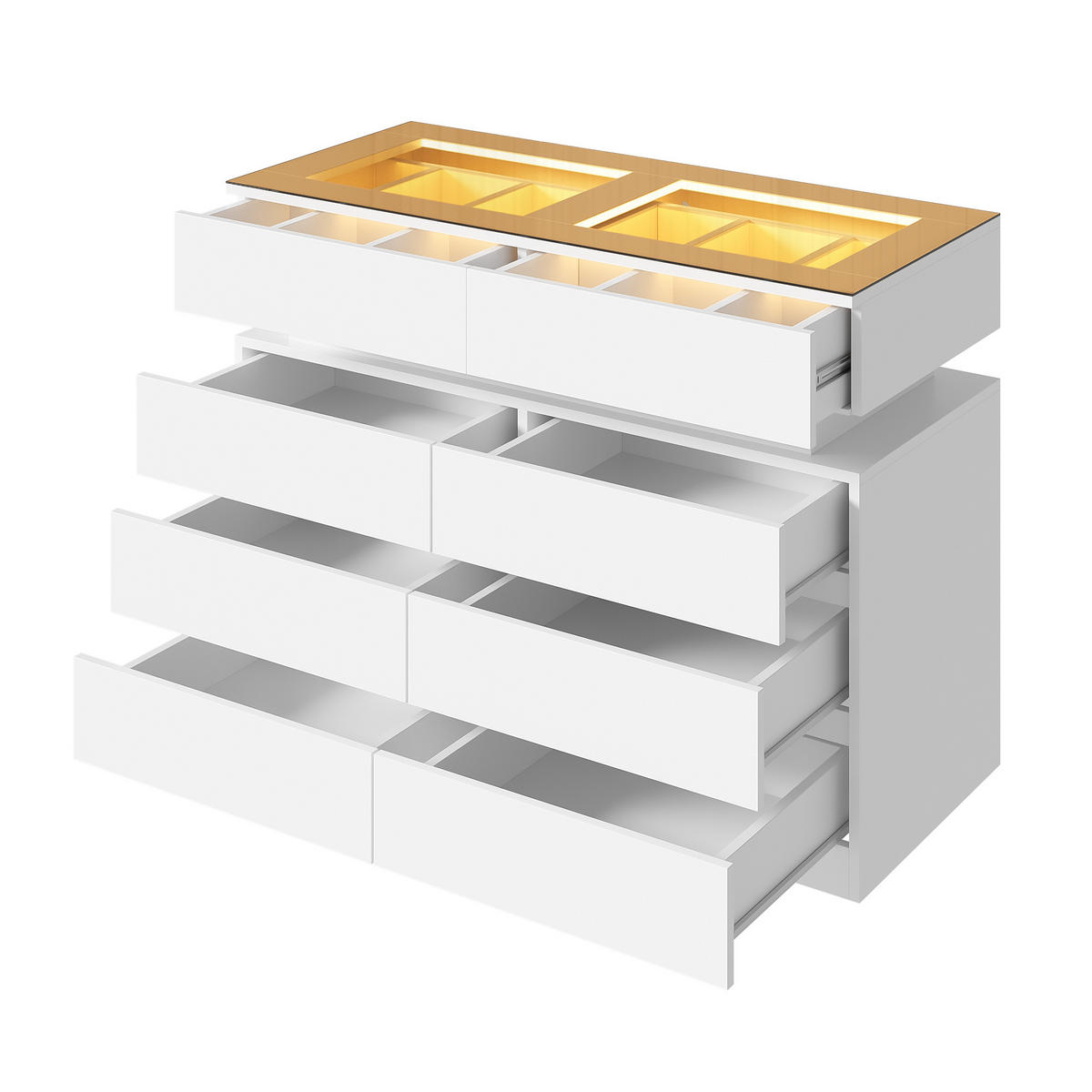 SIDEBOARD LED Glas 8 Schubladen Unterteilung Weiß 100cm Modern - Weiß, Glas (100/76/45cm) - FLIEKS