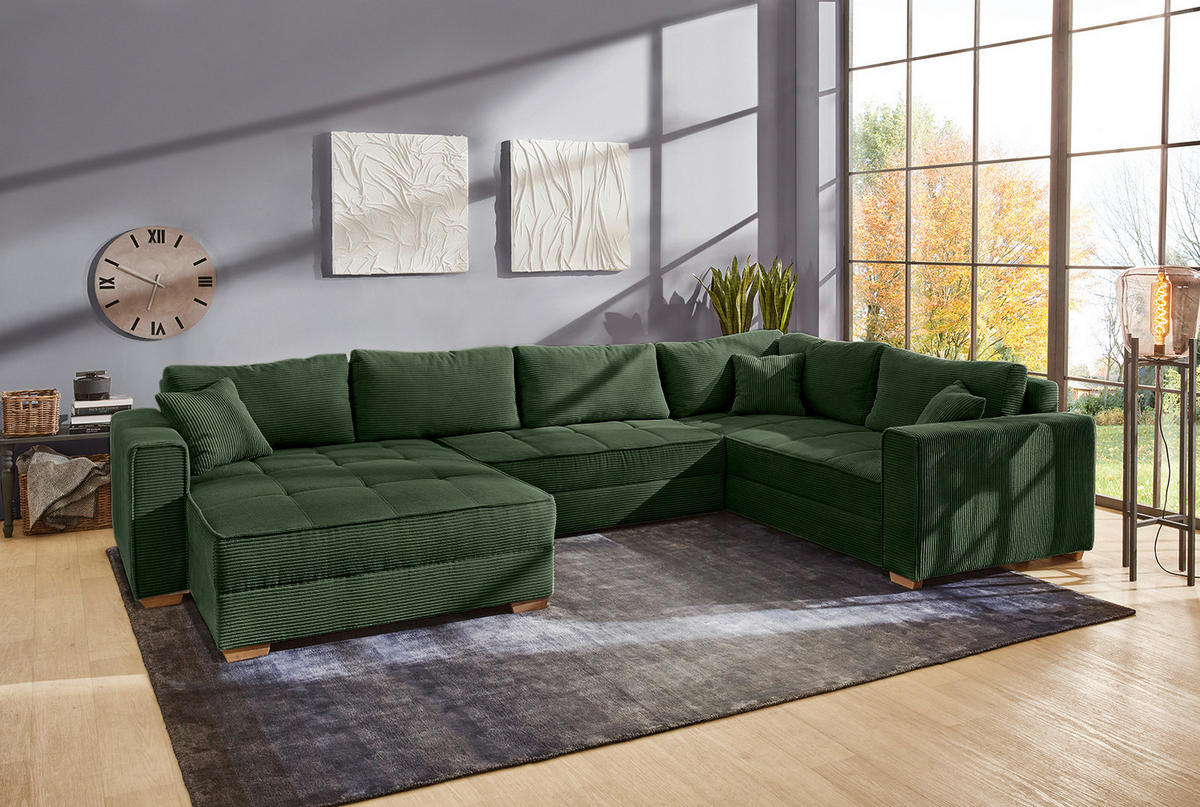 WOHNLANDSCHAFT Schlaffunktion Bettkasten Wellenunterfederung, spiegelverkehrt montierbar U-Form B379/T227/H86 cm, Cord Grün / 15199 - Eichefarben/Grün, Holz/Textil (379/86/227cm) - luma-home