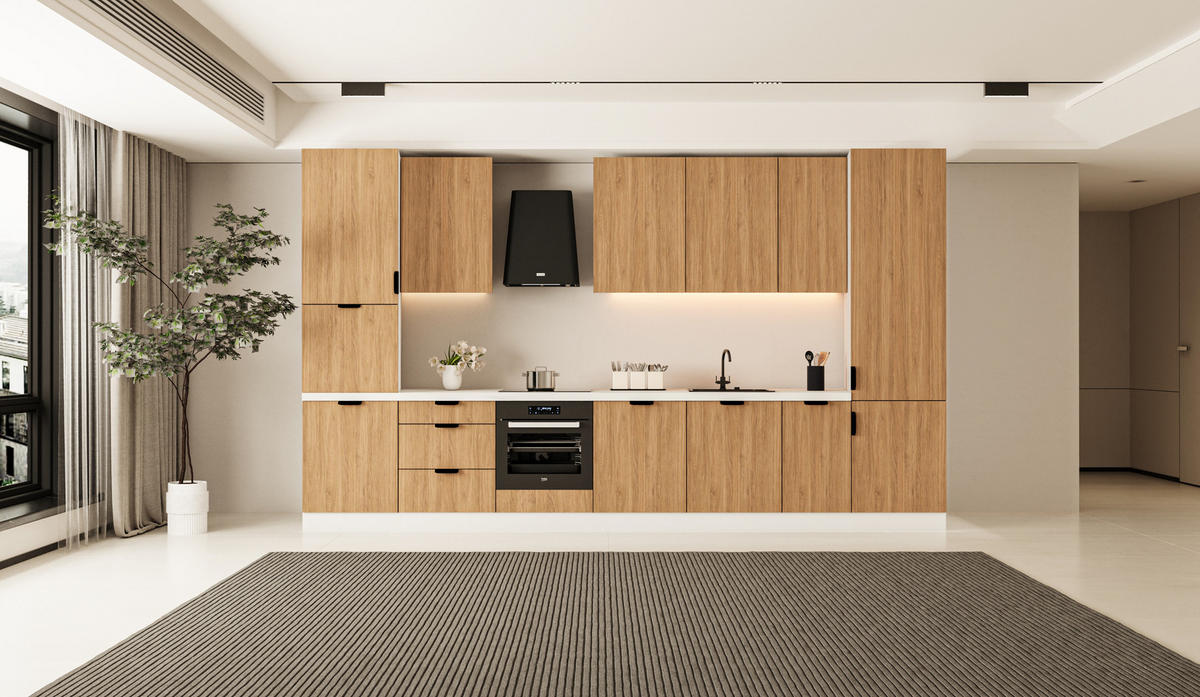 KÜCHENZEILE 400 cm - Sorento KS9-M400 - in Sonoma Eiche / Weiß - Schwarz/Weiß, Holz/Metall (400/247/58cm)