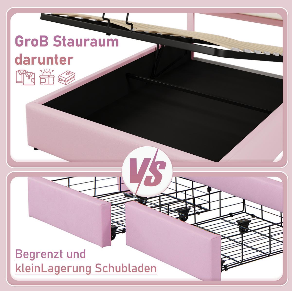 POLSTERBETT 140/200 cm rosa aus PU mit LED und Stauraum - Rosa, Kunststoff (140/200cm) - OKWISH