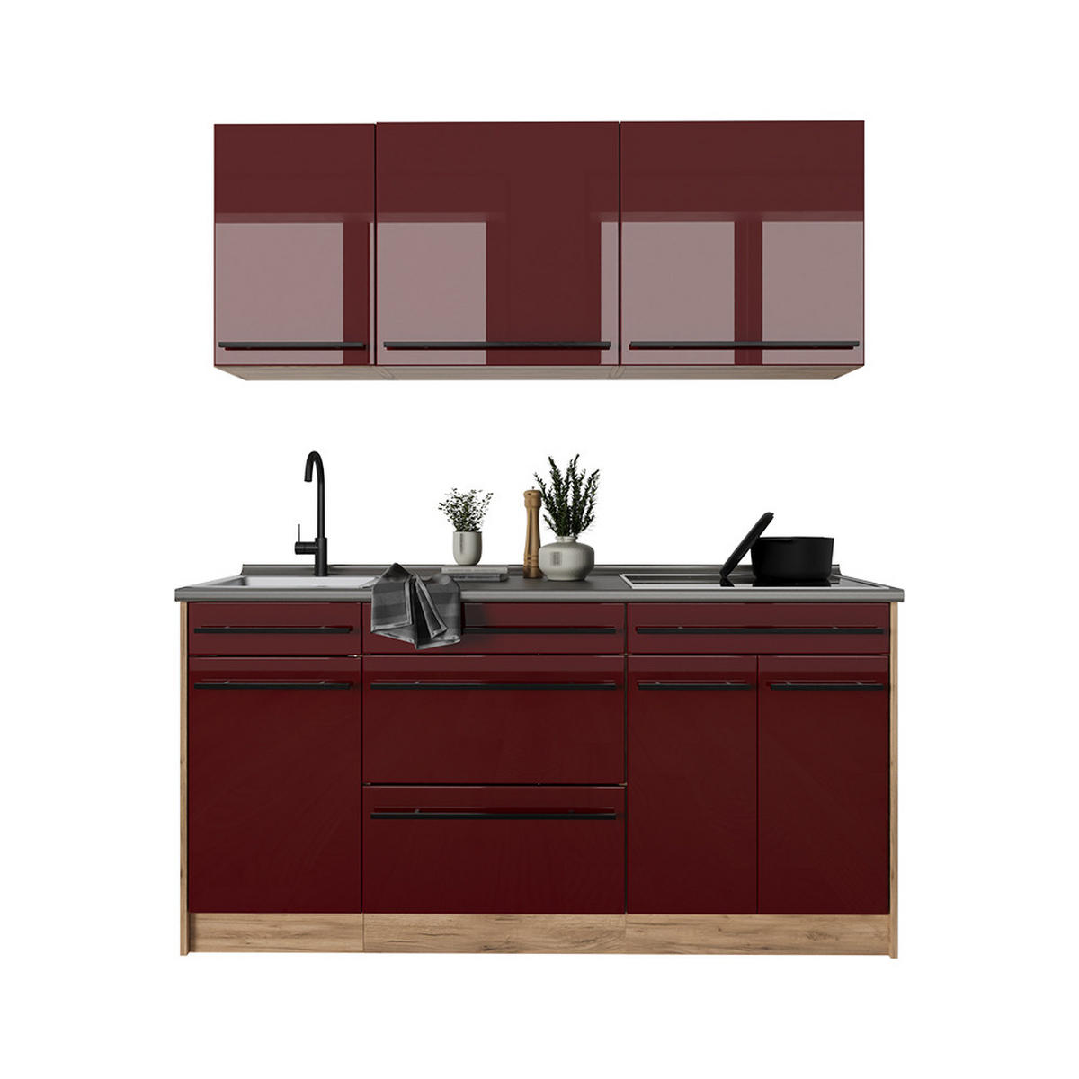 SINGLEKÜCHE R-Line, Rot Hochglanz/Goldkraft Eiche, 160 cm Arbeitsplatte Anthrazit - Honigeiche/Rot, Holzwerkstoff (160/81.6/60cm) - Vicco