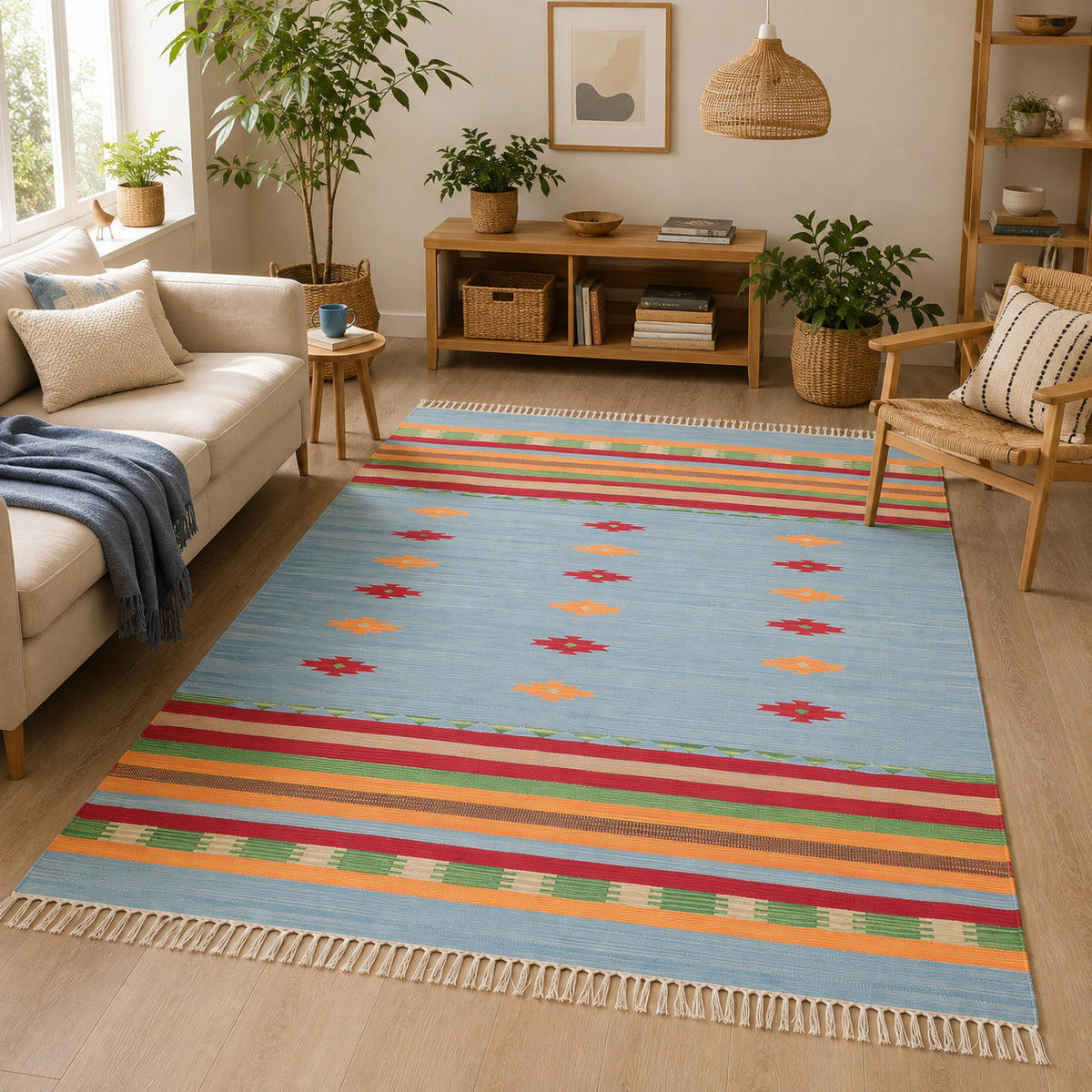 FLECKERLTEPPICH BAUMWOLLE NATUR KELIM LINA STRIPES - Blau, Textil (90/160cm) - Pergamon