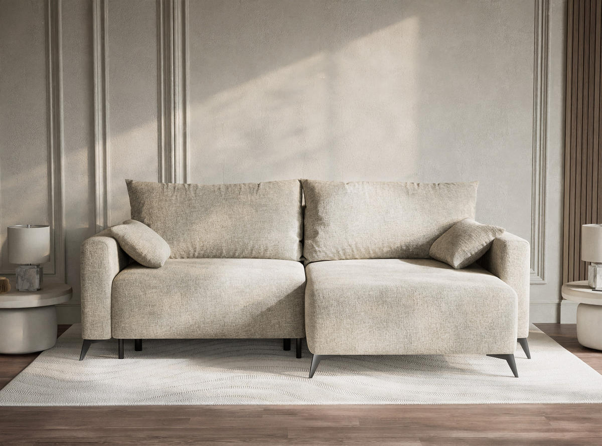 ECKSOFA MIT SCHLAFFUNKTION Leon Beige Chenille-Stoff - Beige/Schwarz, Holz/Holzwerkstoff (239/148cm) - Maison de Reve