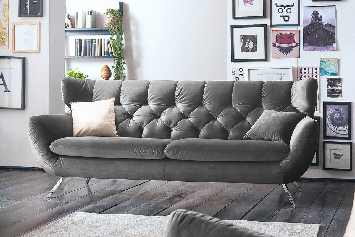 SOFA CHARME Grau Velvet - Silberfarben/Grau, Textil/Metall (225/94/95cm) - KAWOLA
