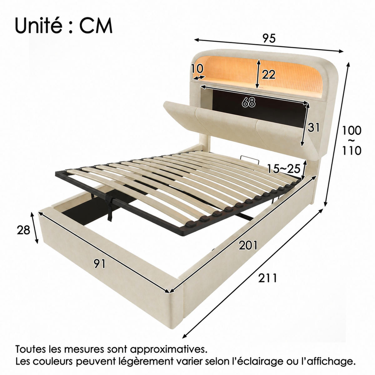 POLSTERBETT 90/200 mit Bettkasten, LED und USB in Beige - Beige, Holzwerkstoff/Textil (90/200cm) - EVRYAE