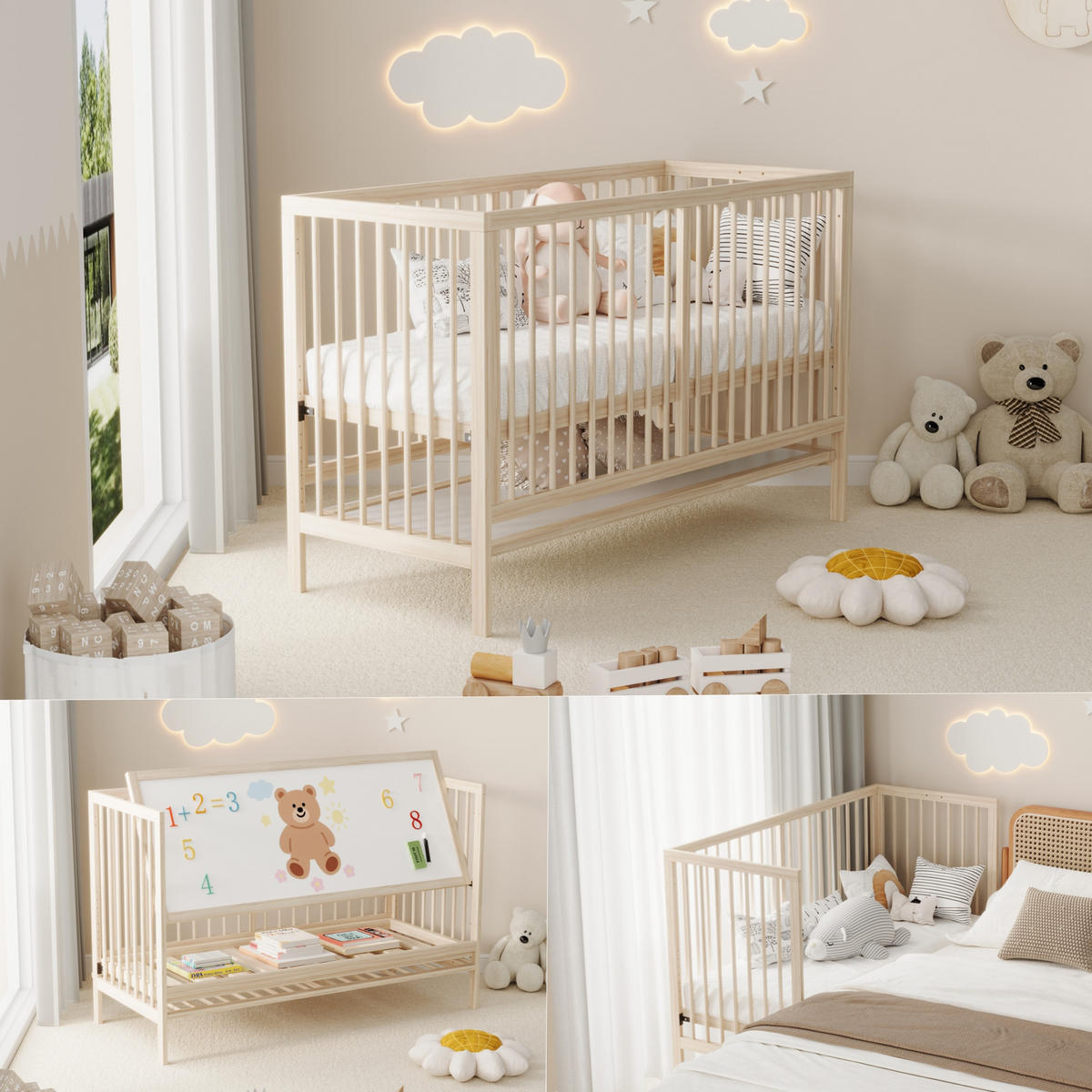 BABYBETT 140x60x90cm Natur Fichte Höhenverstellbar umwandelbar - Naturfarben, Holz - FLIEKS
