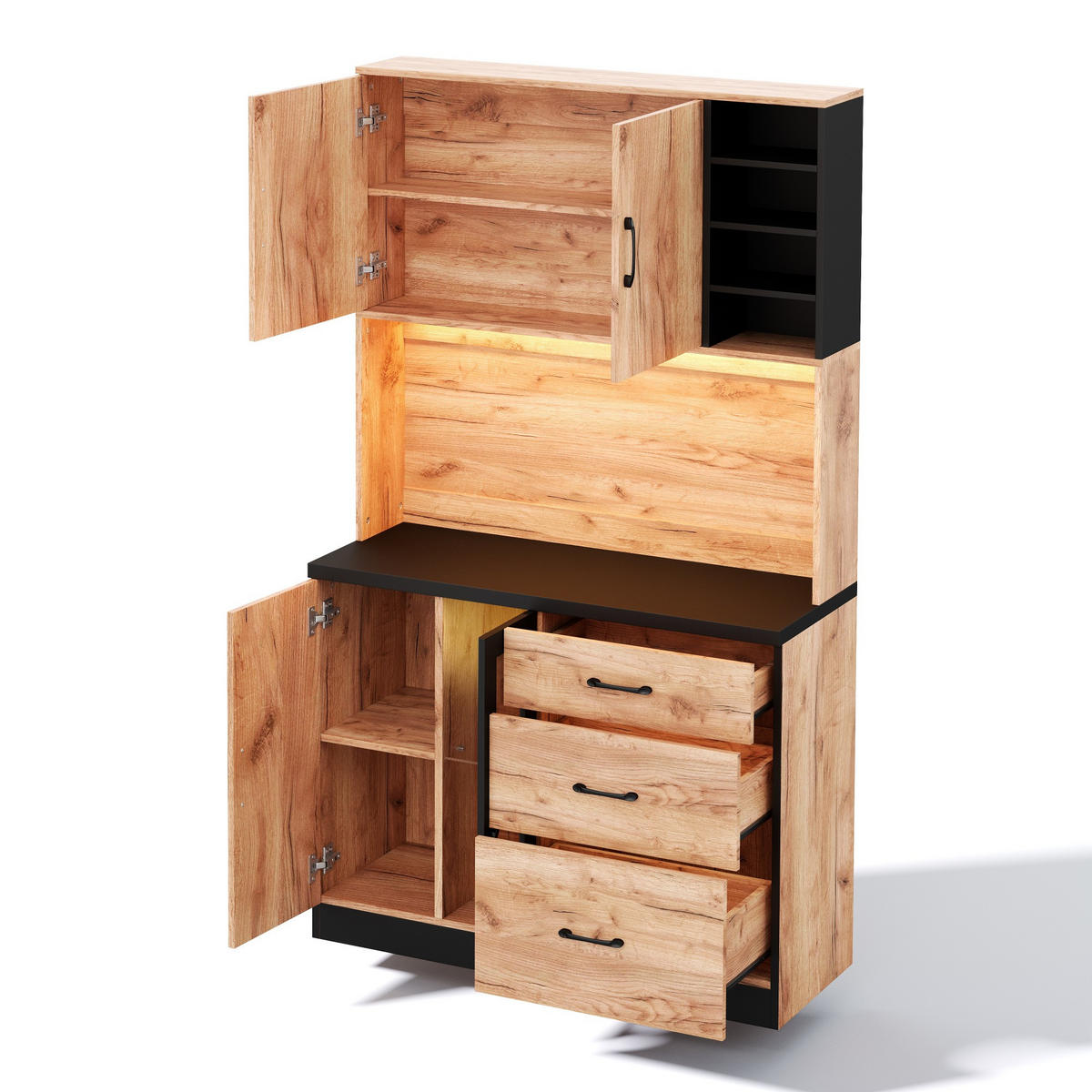 BUFFET DE-38669 105/40/180 cm LED-Beleuchtung und Steckdose Schwarz/Holzoptik - Naturfarben, Holzwerkstoff (105/180/40cm) - ComfortXL