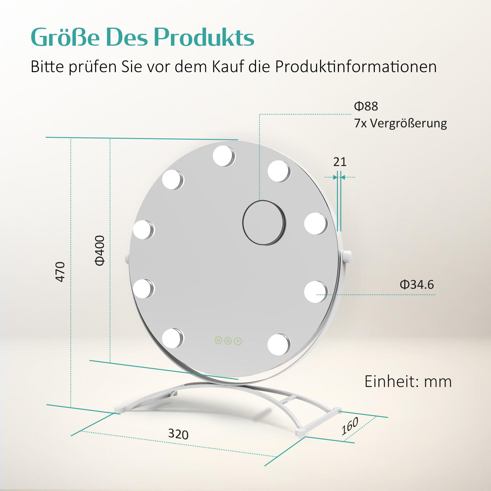 KOSMETIKSPIEGEL Rund mit Beleuchtung, Weiß, Ø40 cm - Weiß, Glas (40/16/40cm) - EMKE