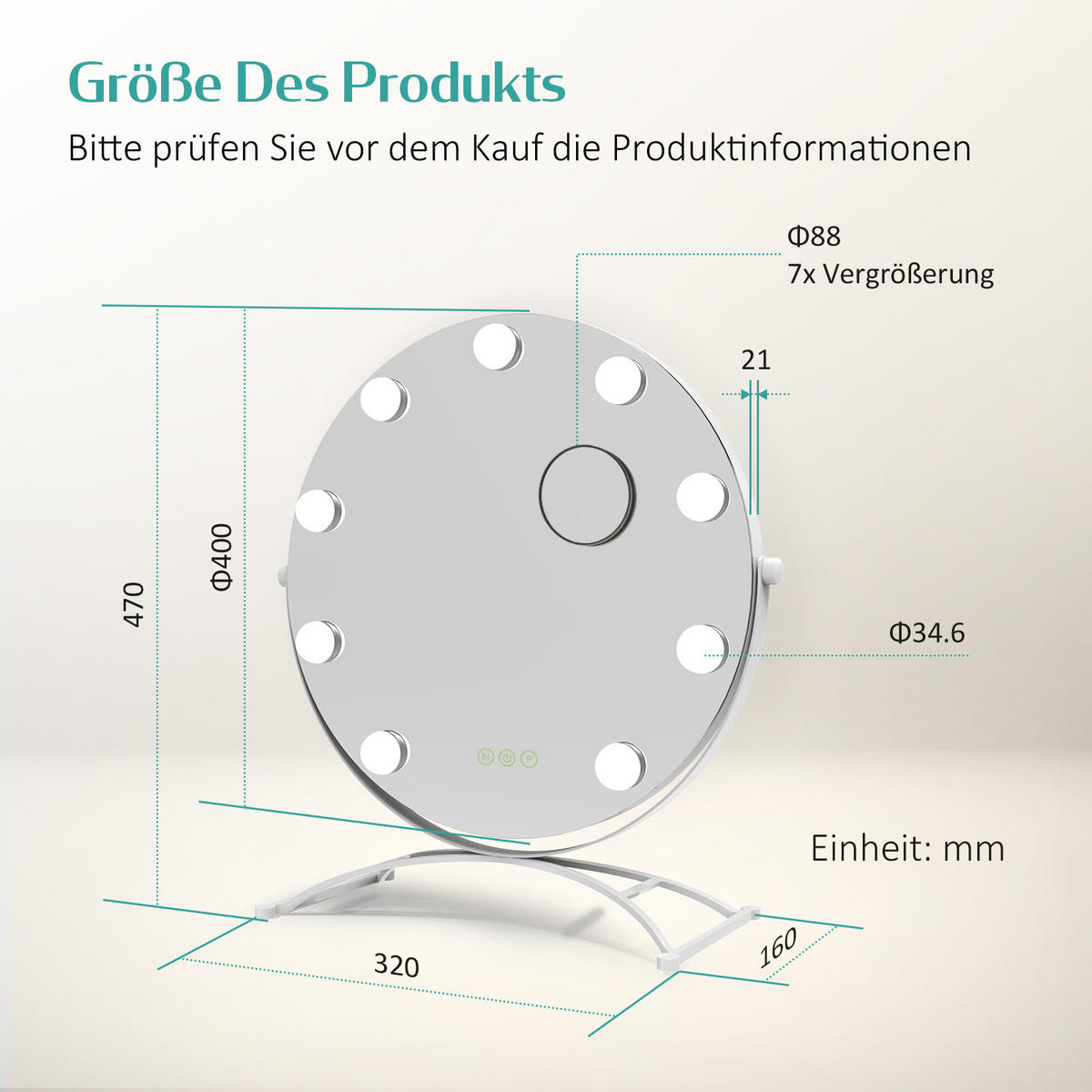 KOSMETIKSPIEGEL Rund mit Beleuchtung, Weiß, Ø40 cm - Weiß, Glas (40/16/40cm) - EMKE