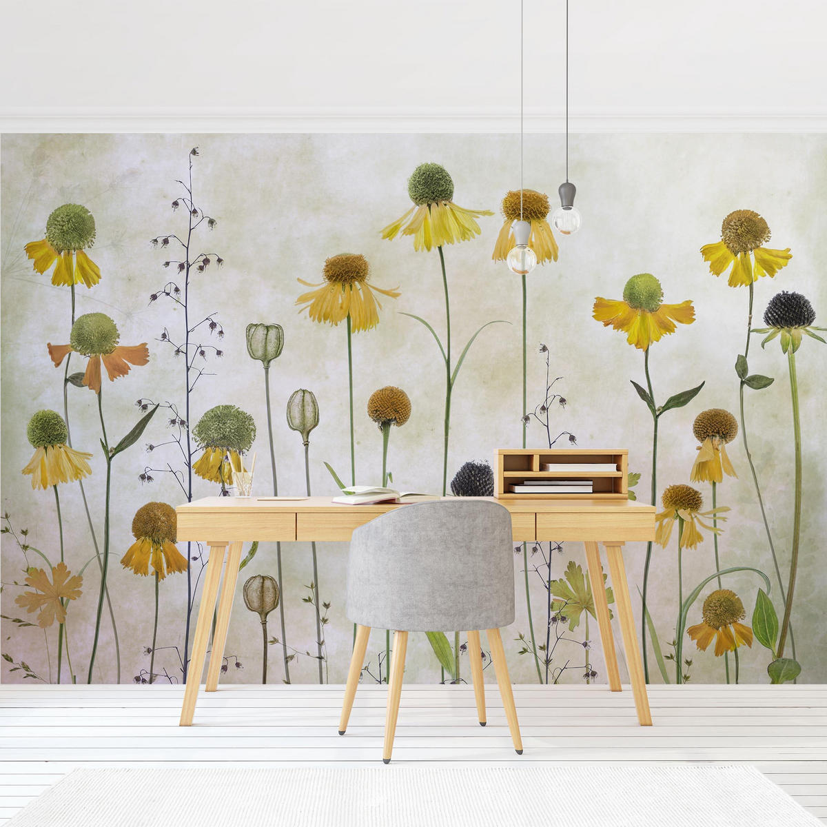 FOTOTAPETE Zarte Helenium Blüten 384/255 cm - Eichefarben, Papier (384/255cm) - Bilderwelten