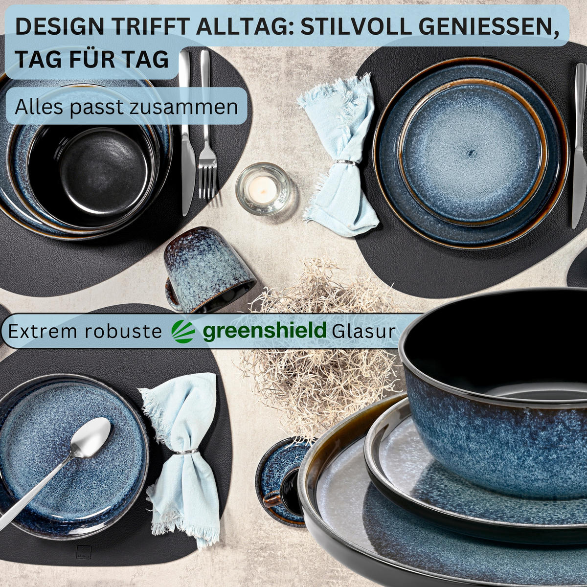 TAFELSERVICE OSAKA - 36 teilig aus Steingut 12 Personen - Dunkelblau, Stein (50/30/80cm) - Sänger