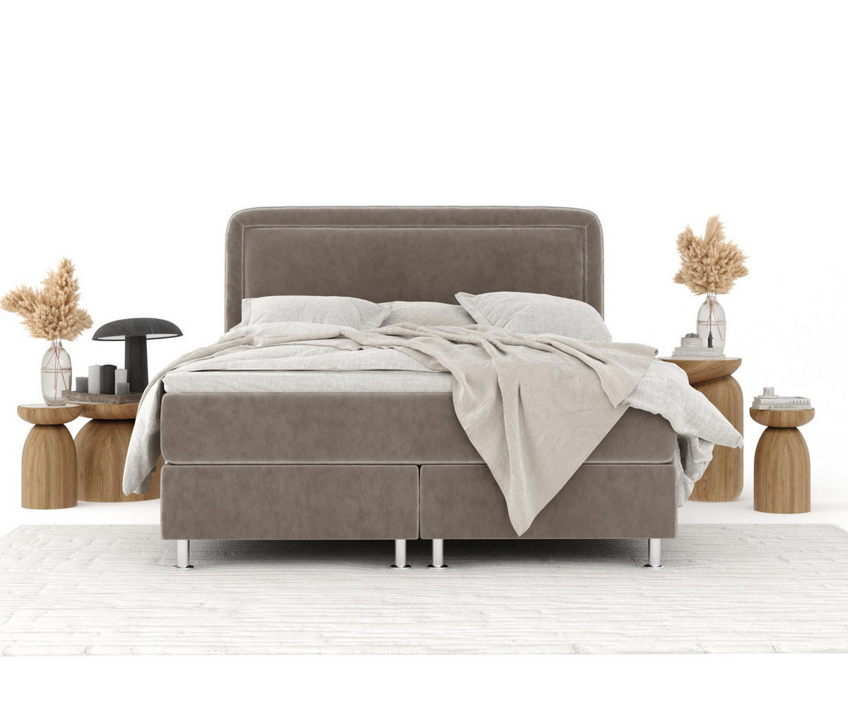 BOXBETT Salvi Taupe 160/200 cm mit Matratze und Topper - Taupe/Silberfarben, Holz/Holzwerkstoff (160/200cm) - Maison de Reve